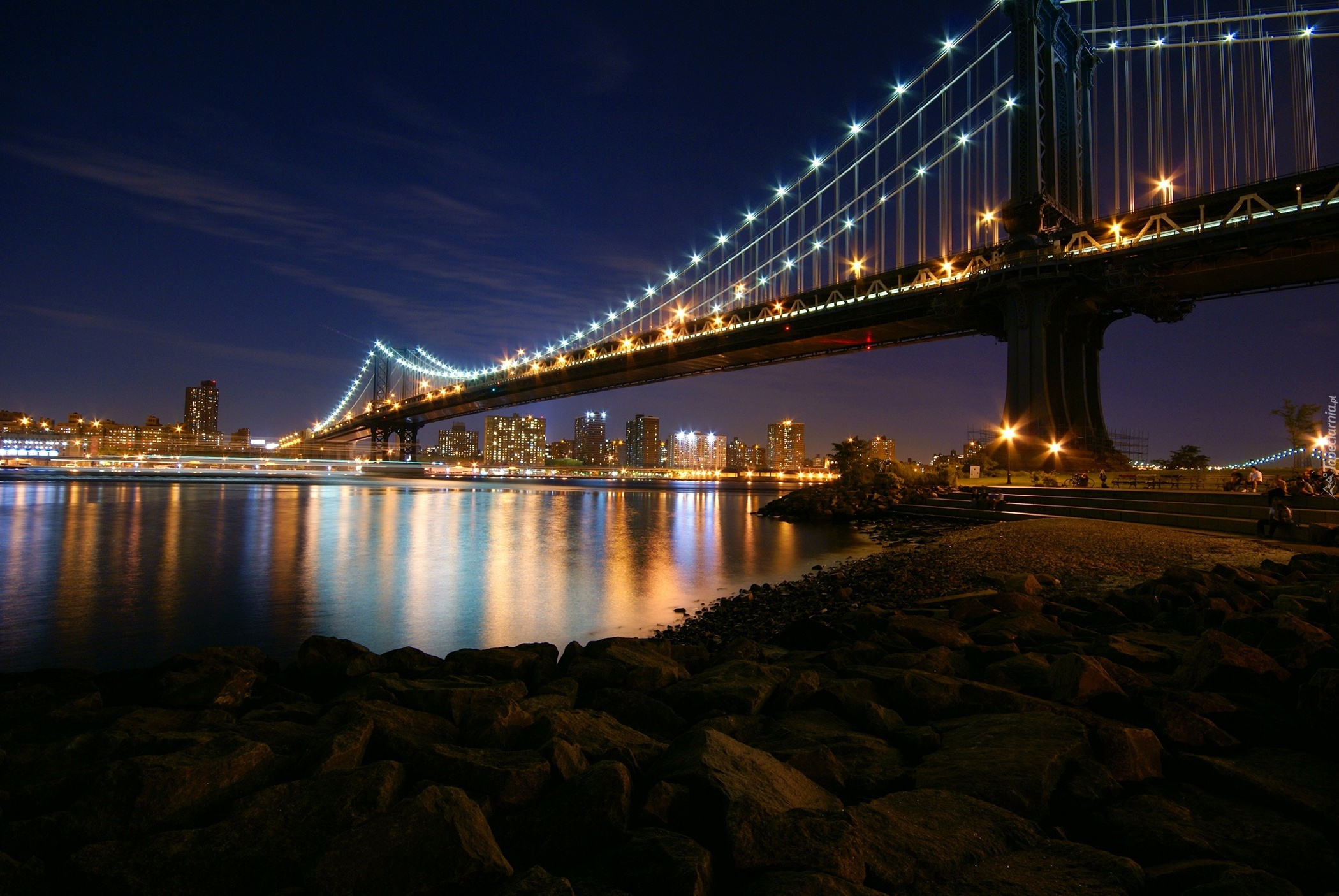 Most, Noc, Manhattan Bridge, Nowy York