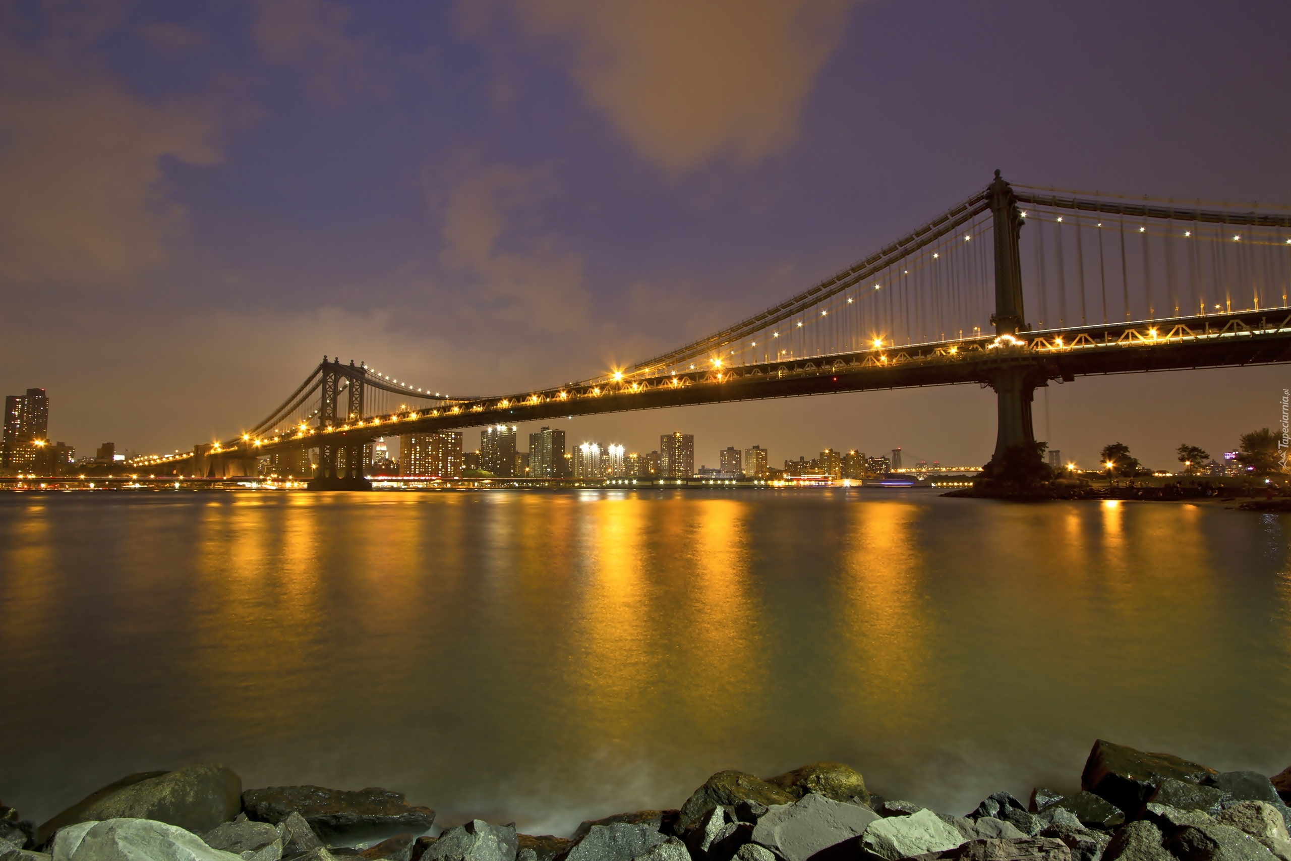 Most, Rzeka, Kamienie, Manhattan Bridge, Nowy York