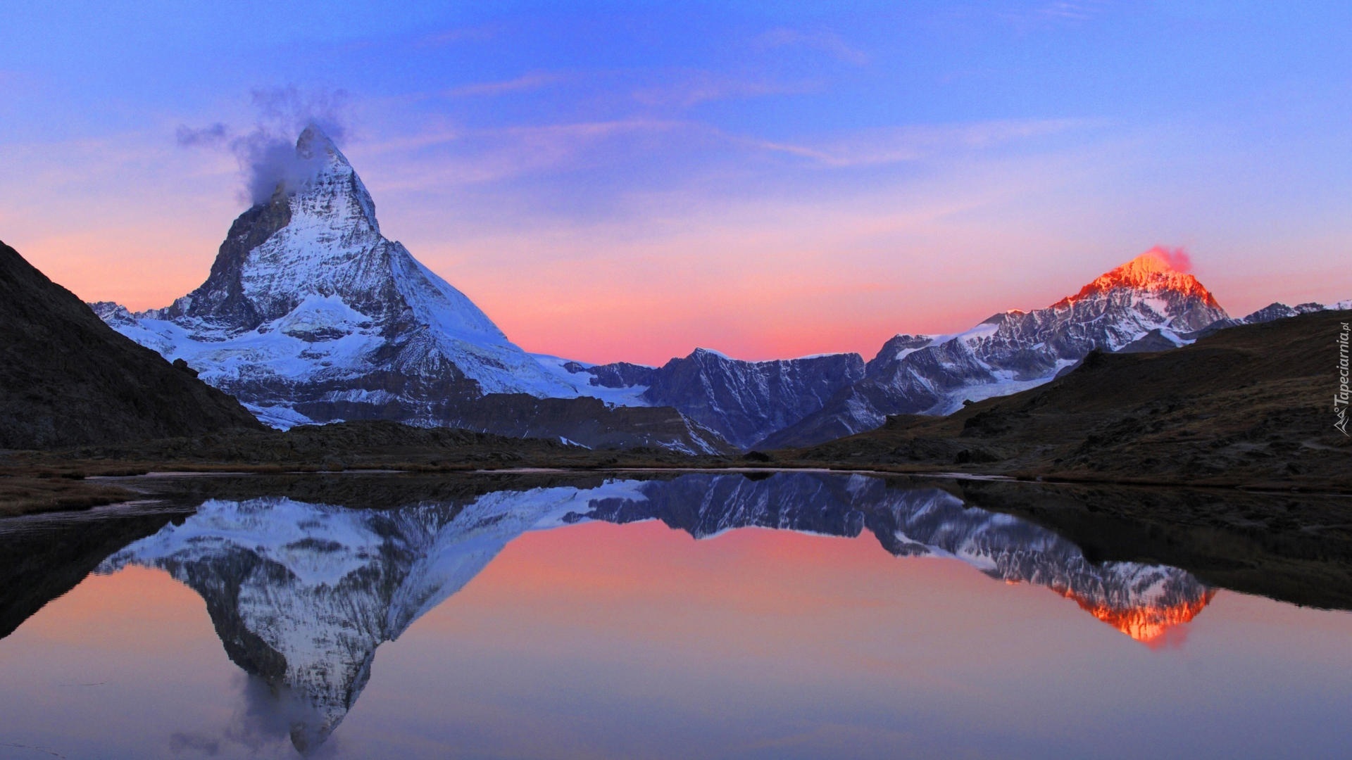 Jezioro, Góry, Zachód Słońca, Matterhorn, Szwajcaria