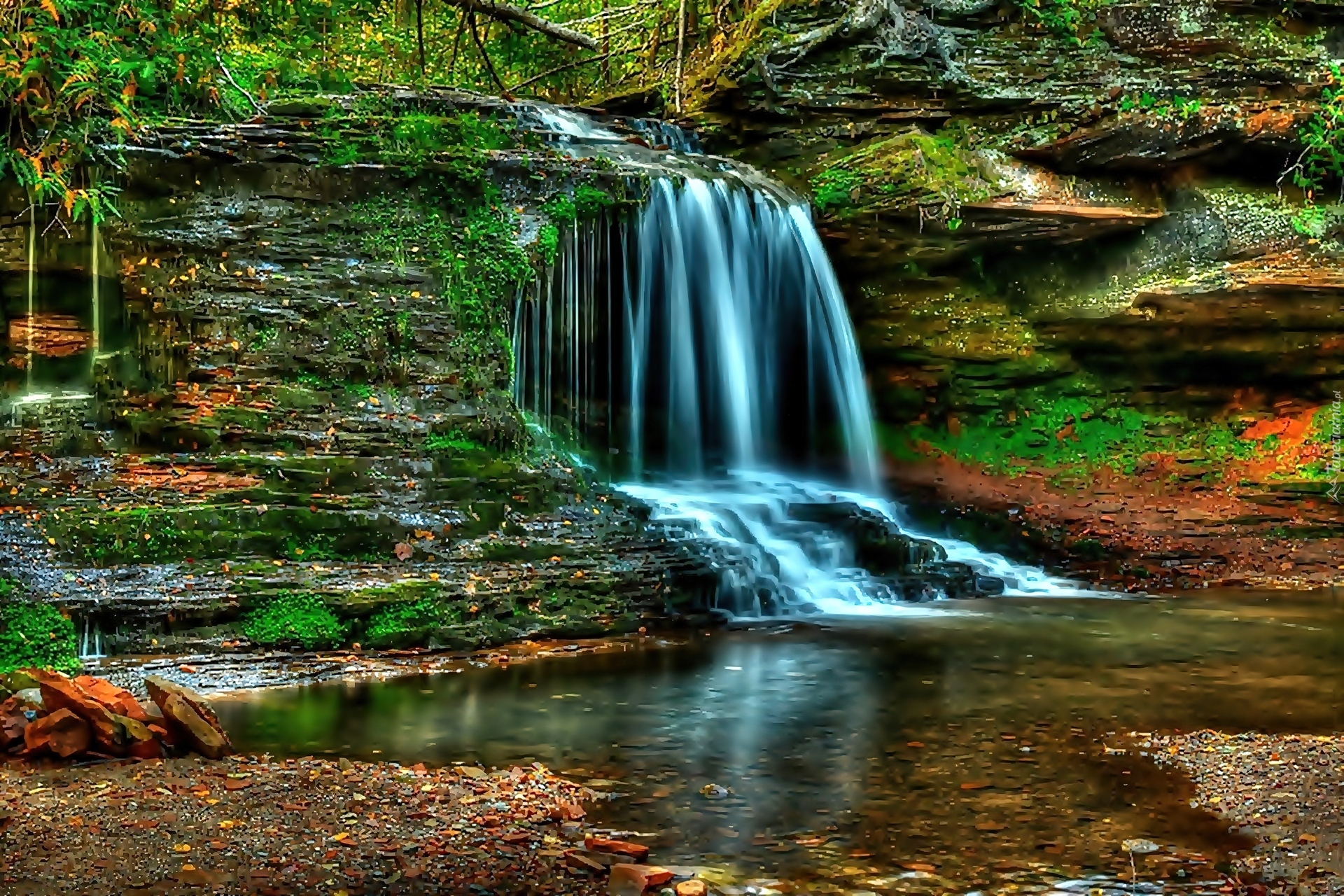 Stany Zjednoczone, Stan Wisconsin, Wodospad Lost Creek Falls, Skały, Mchy, Jeziorko