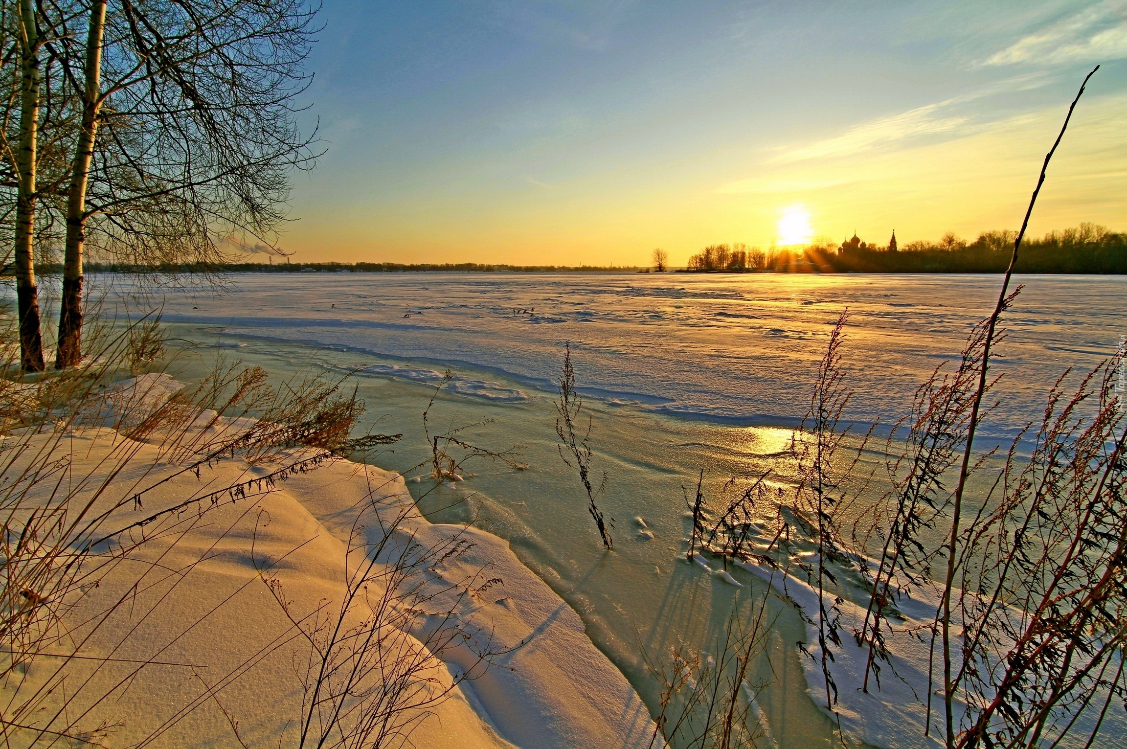 Zachód, Słońca, Jezioro, Drzewo, Śnieg