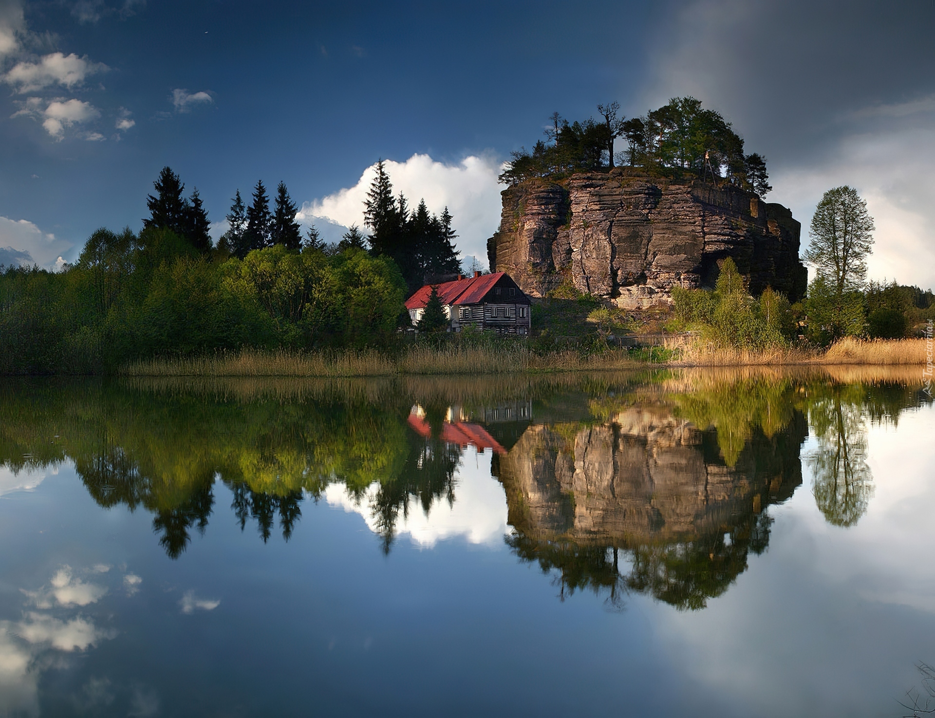 Jezioro, Skała, Las, Dom