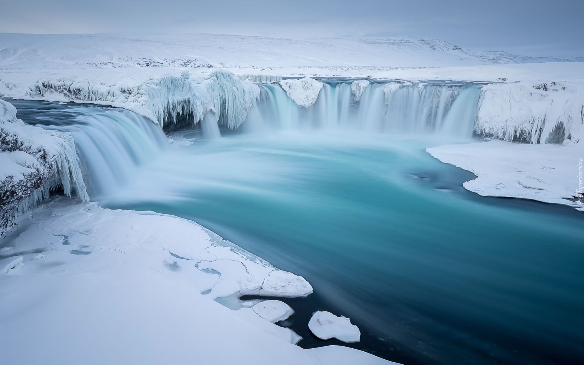 Rzeka, Wodospad Godafoss, Islandia, Zima