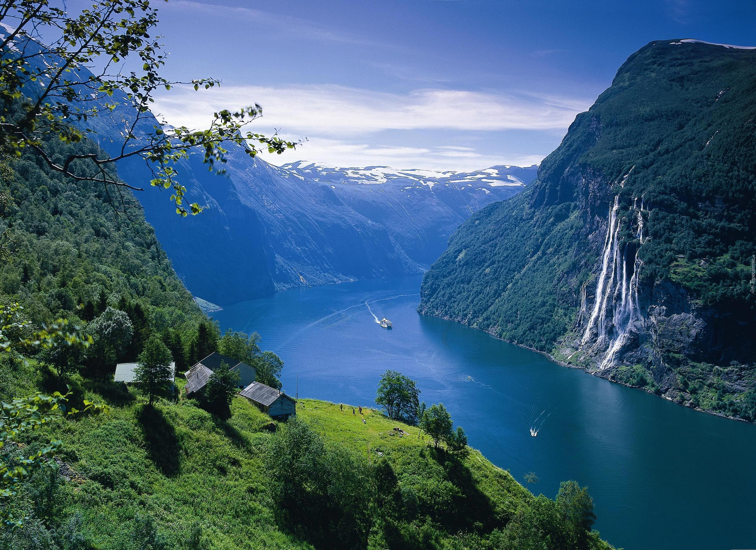 Norwegia, Fiord Geirangerfjorden, Wodospad, Góry, Statek