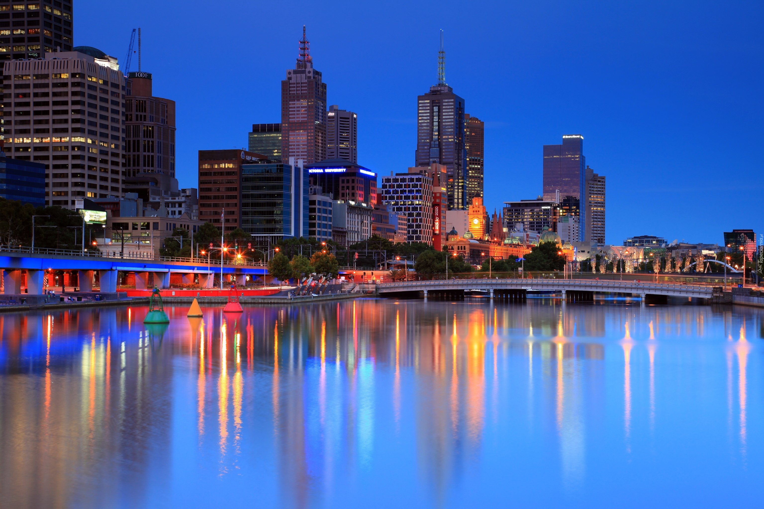 Wieżowce, Most, Rzeka, Melbourne, Australia