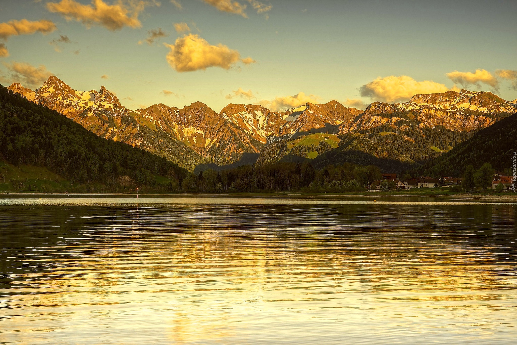 Zachód, Słońca, Góry, Jezioro, Szwajcaria