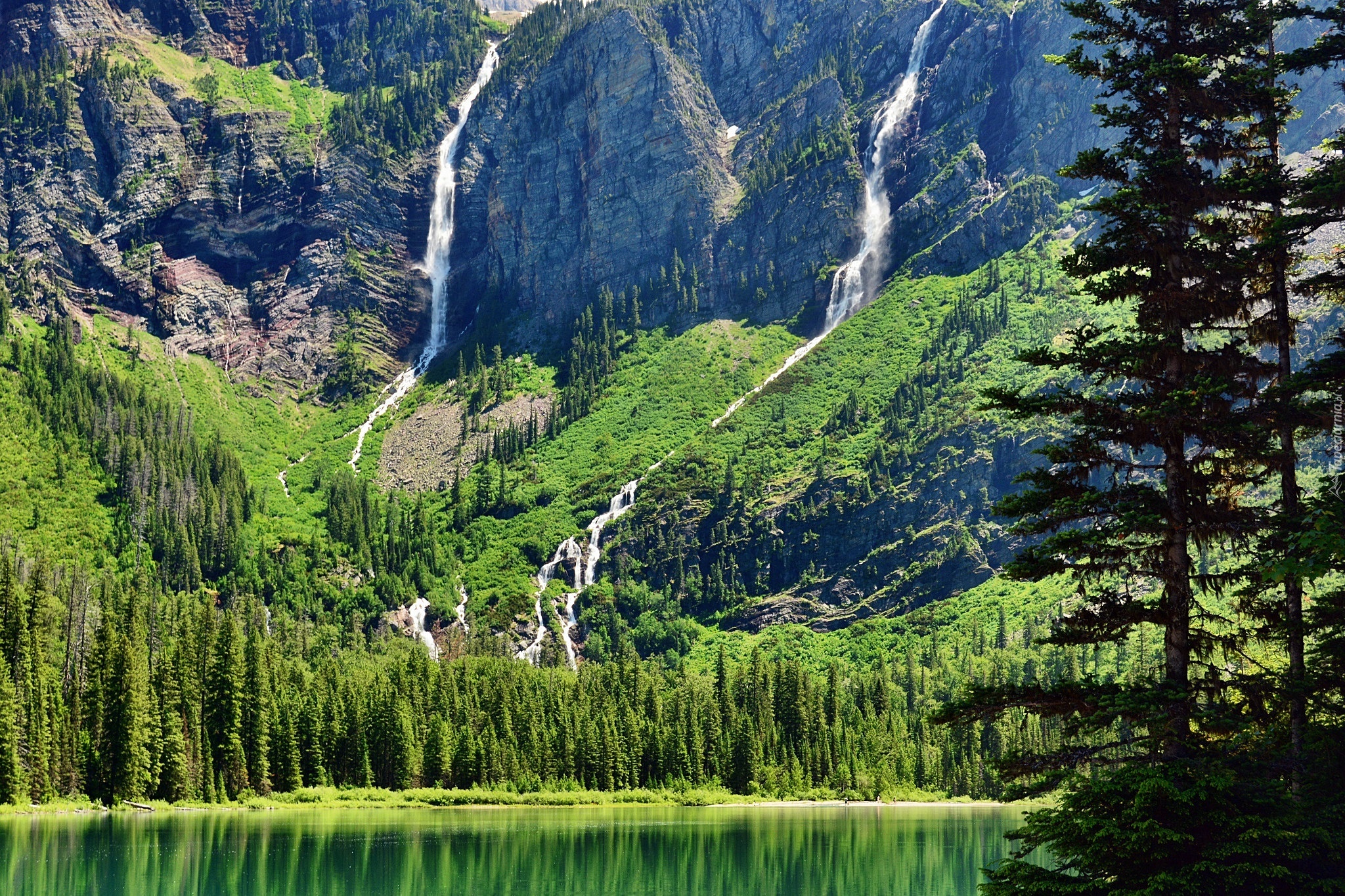 Stany Zjednoczone, Stan Montana, Park Narodowy Glacier, Jezioro Hidden Lake, Góry, Drzewa, Wodospady