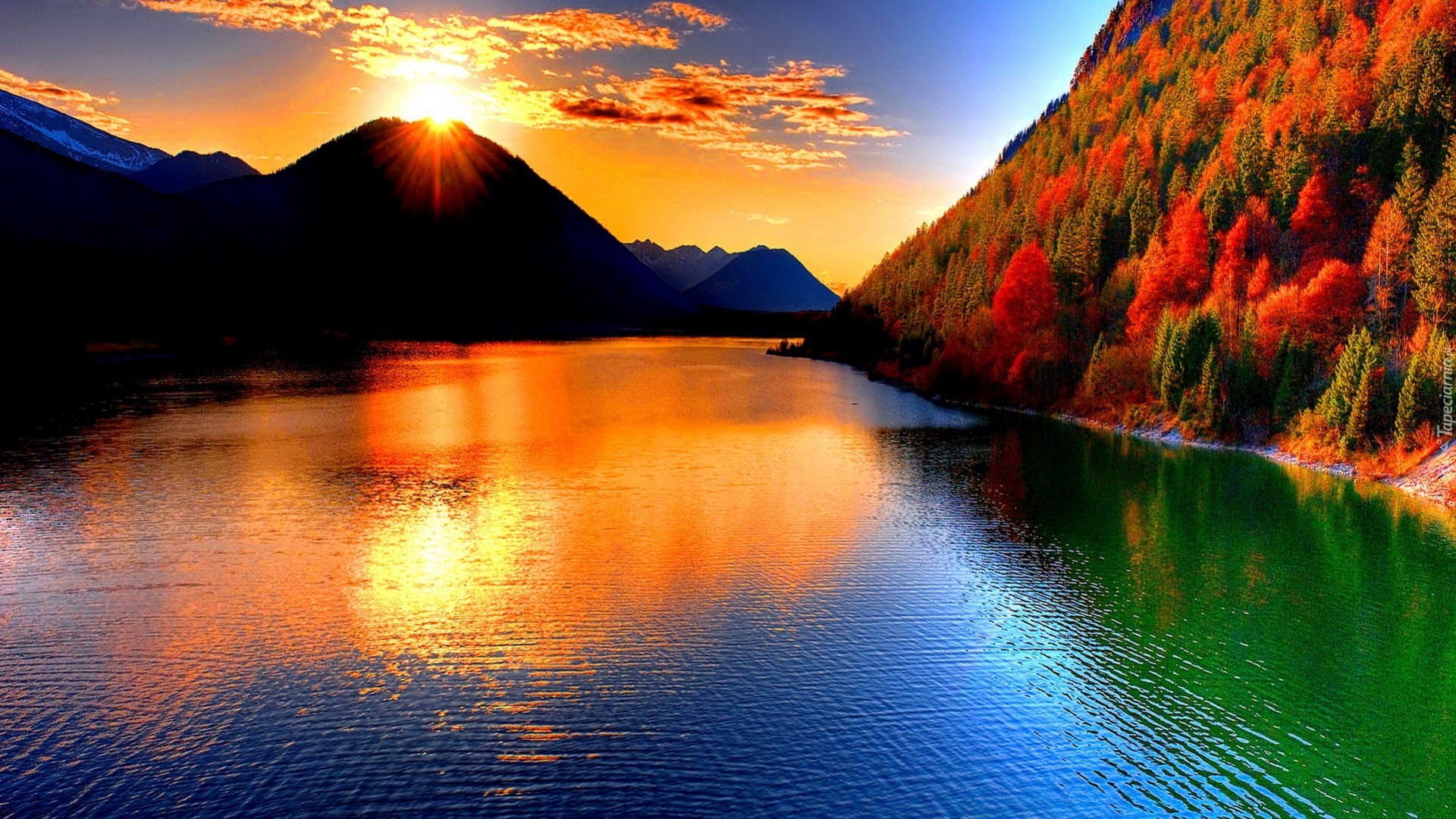 Jezioro, Góry, Zachód Słońca