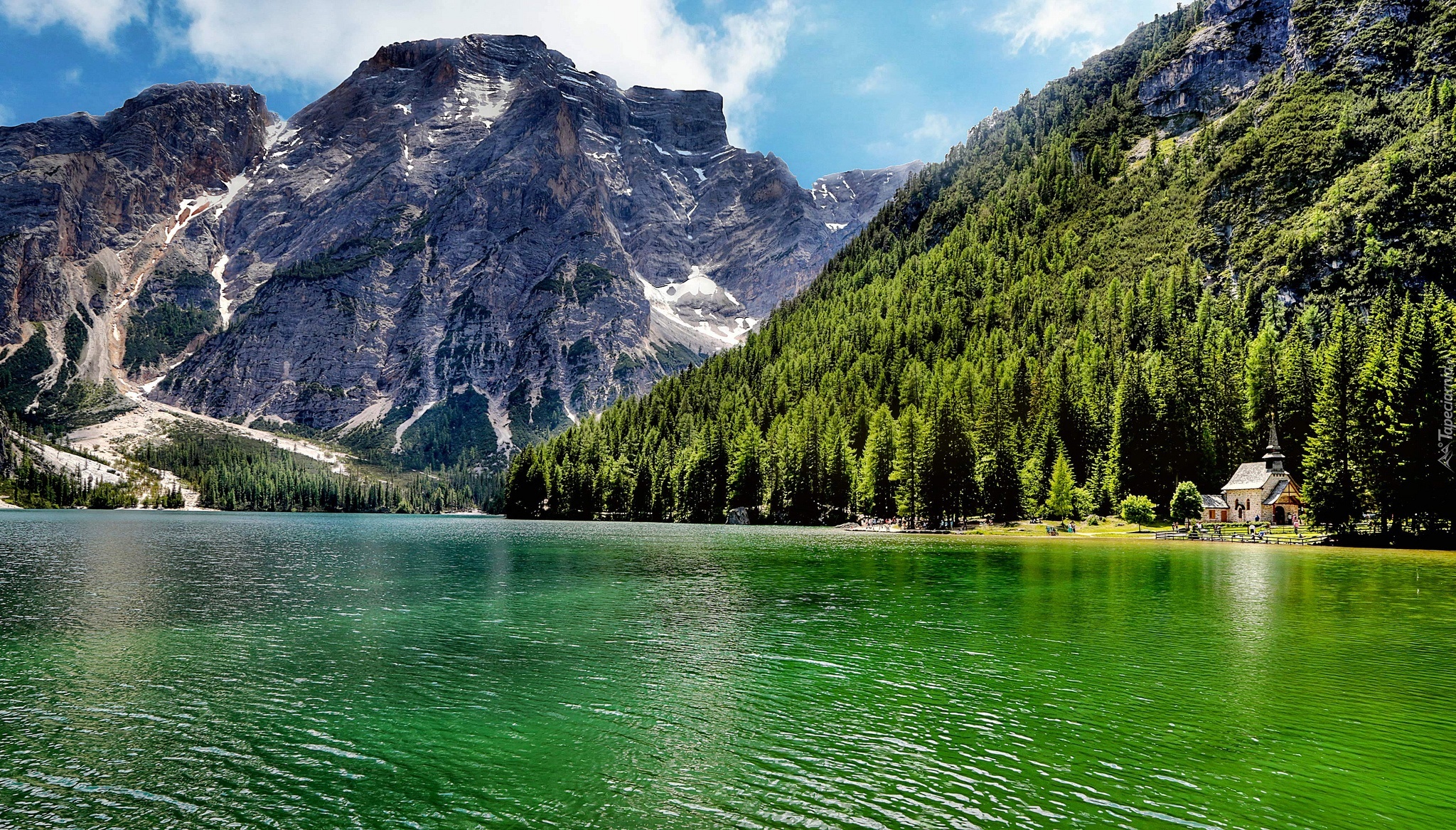 Góry, Lasy, Jezioro, Kościółek, Lago di Carezza, Włochy