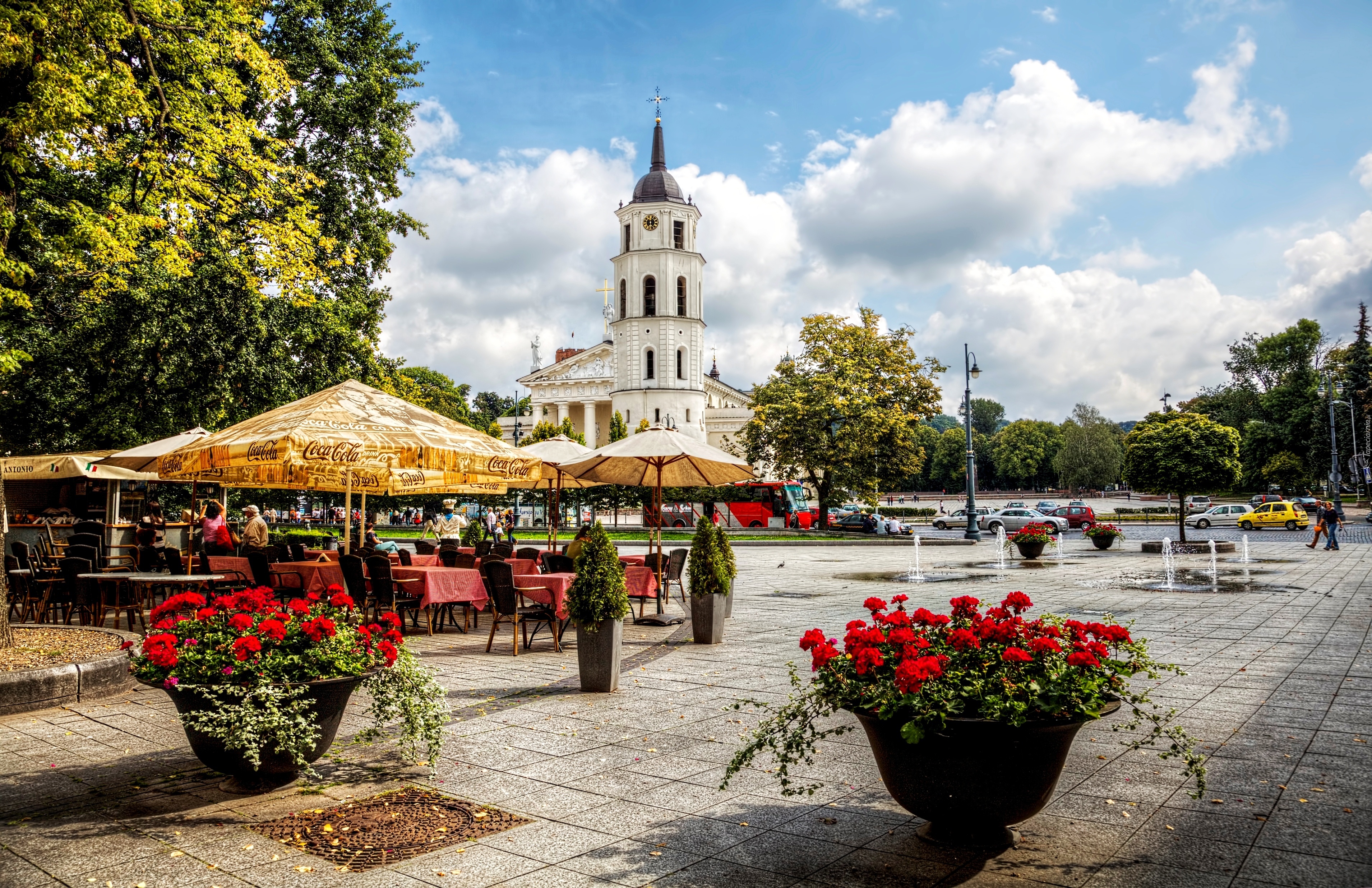 Wilno, Kościół, Restauracja, Drzewa, Kwietniki, Z Pelargoniami