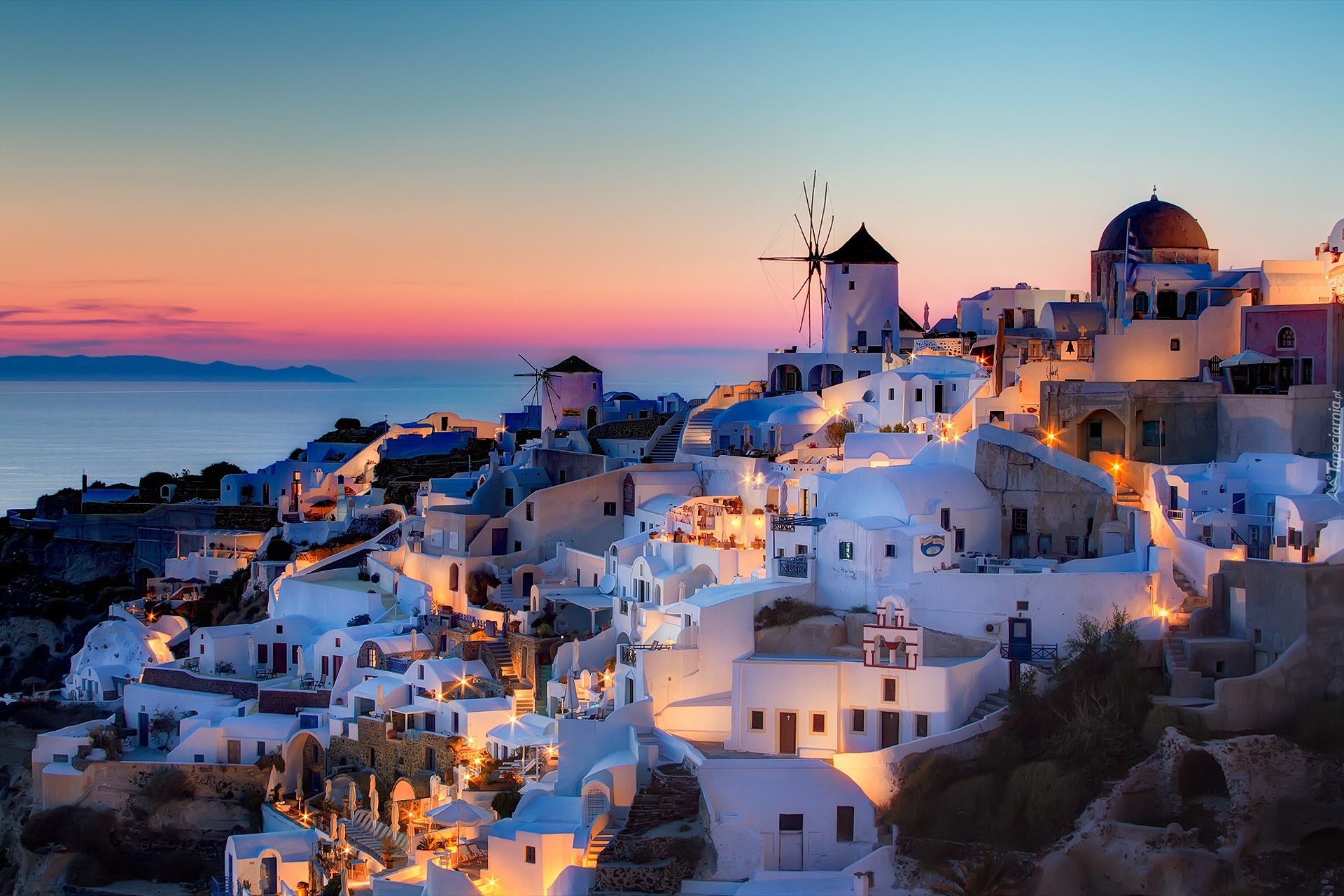 Grecja, Santorini, Wioska Oia, Domy, Zachód Słońca, Wiatrak