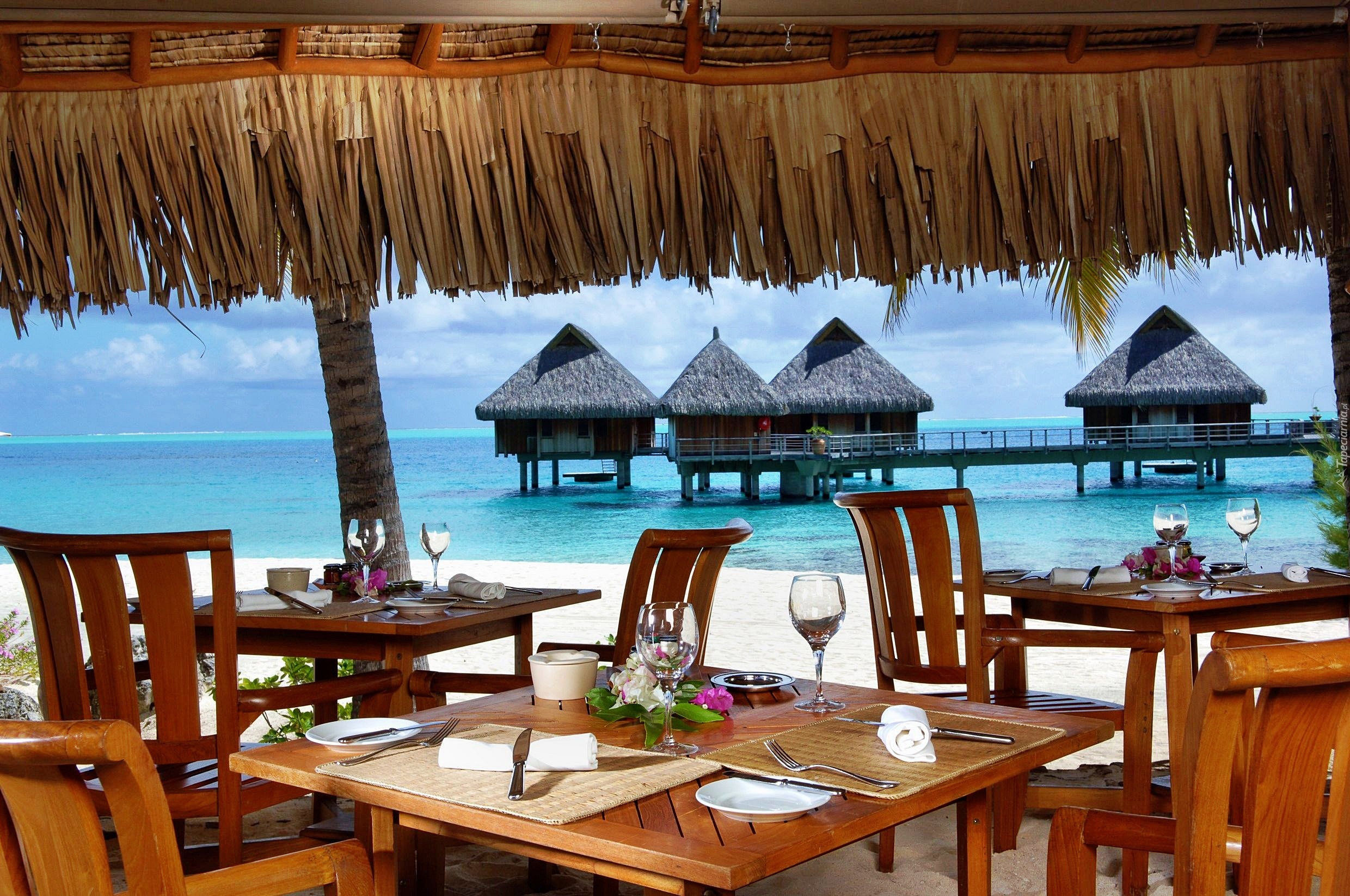 Restauracja, Plaża, Ocean, Bora Bora
