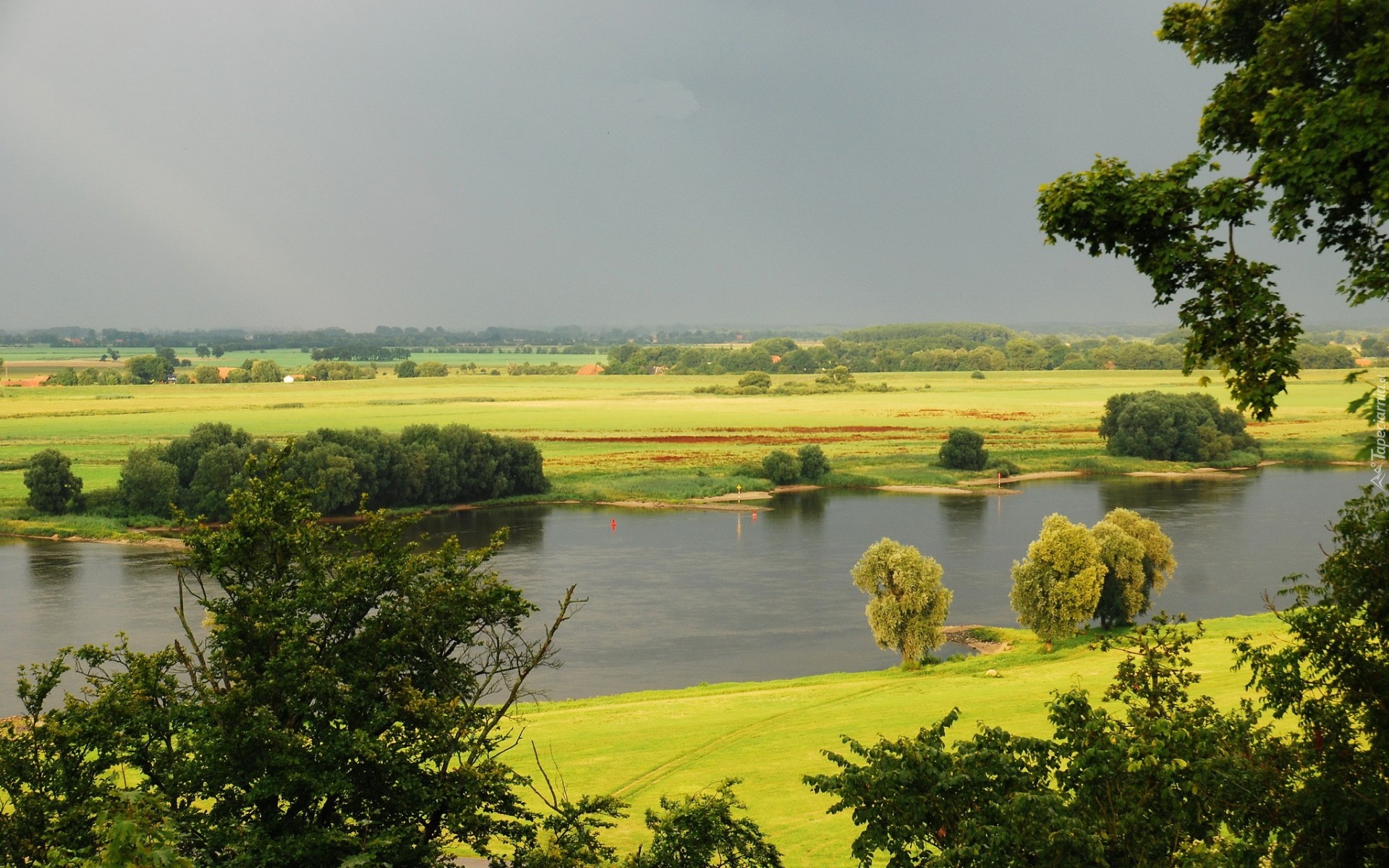 Rzeka, Łąki, Drzewa, Panorama