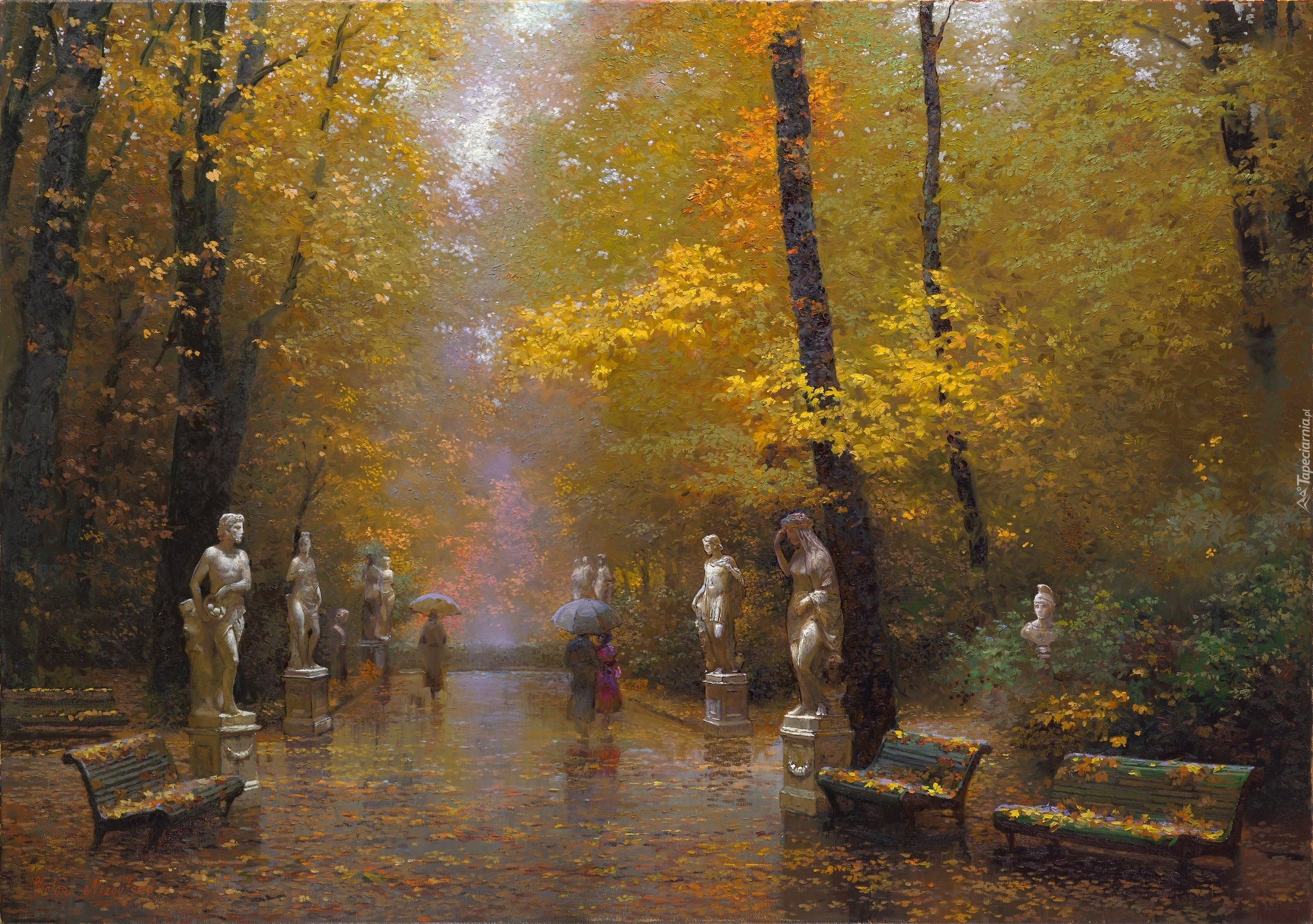 Park, Posągi, Drzewa, Aleja, Obraz