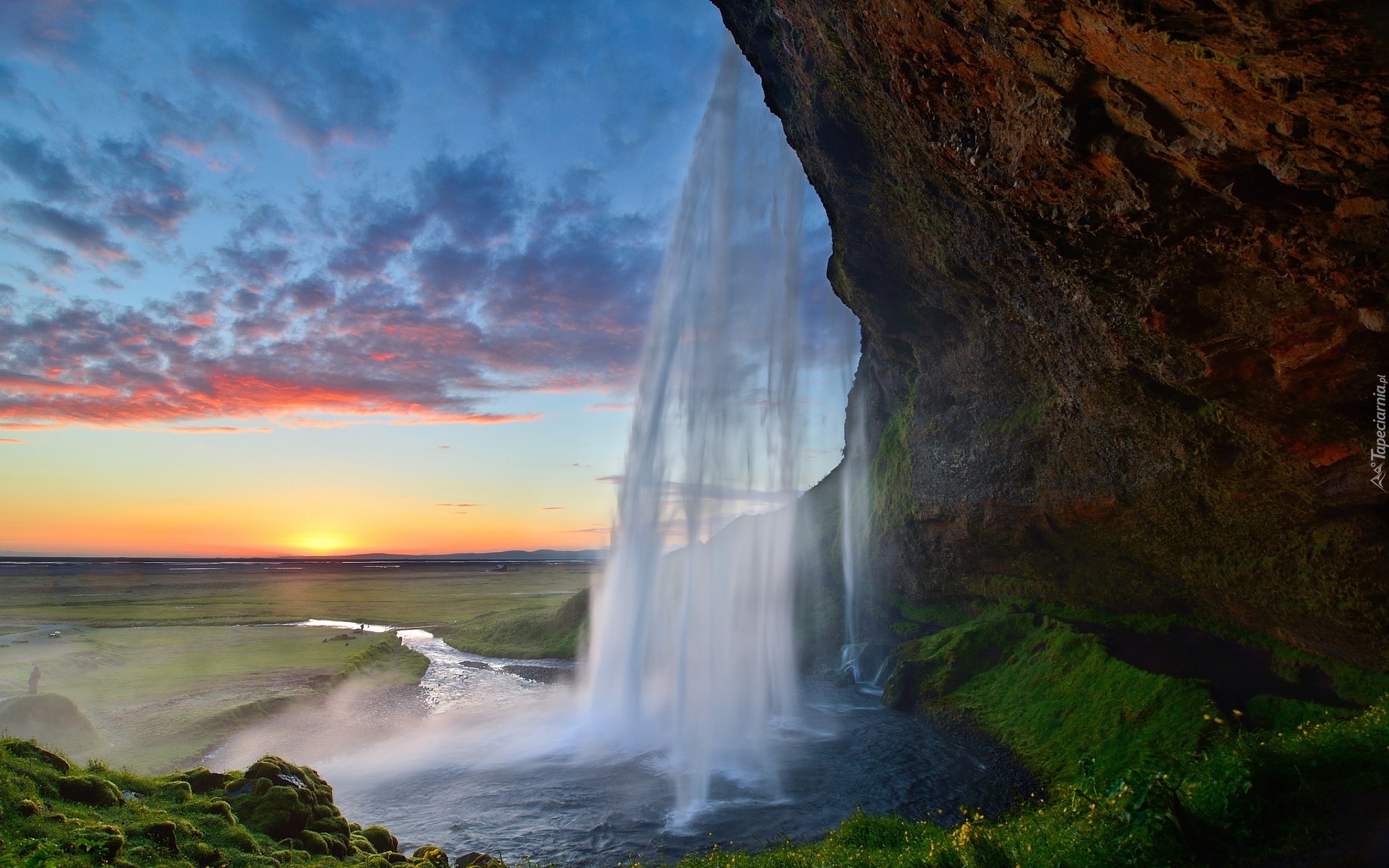 Islandia, Wodospad, Zachód, Słońca