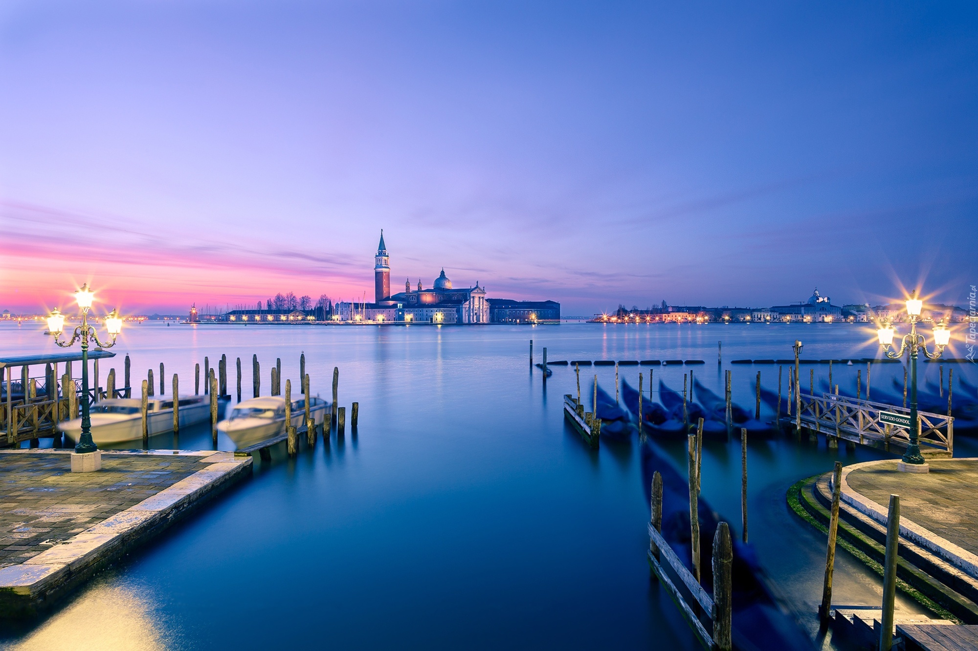 Wenecja, San Giorgio Maggiore, Włochy, Zachód Słońca, Gondole