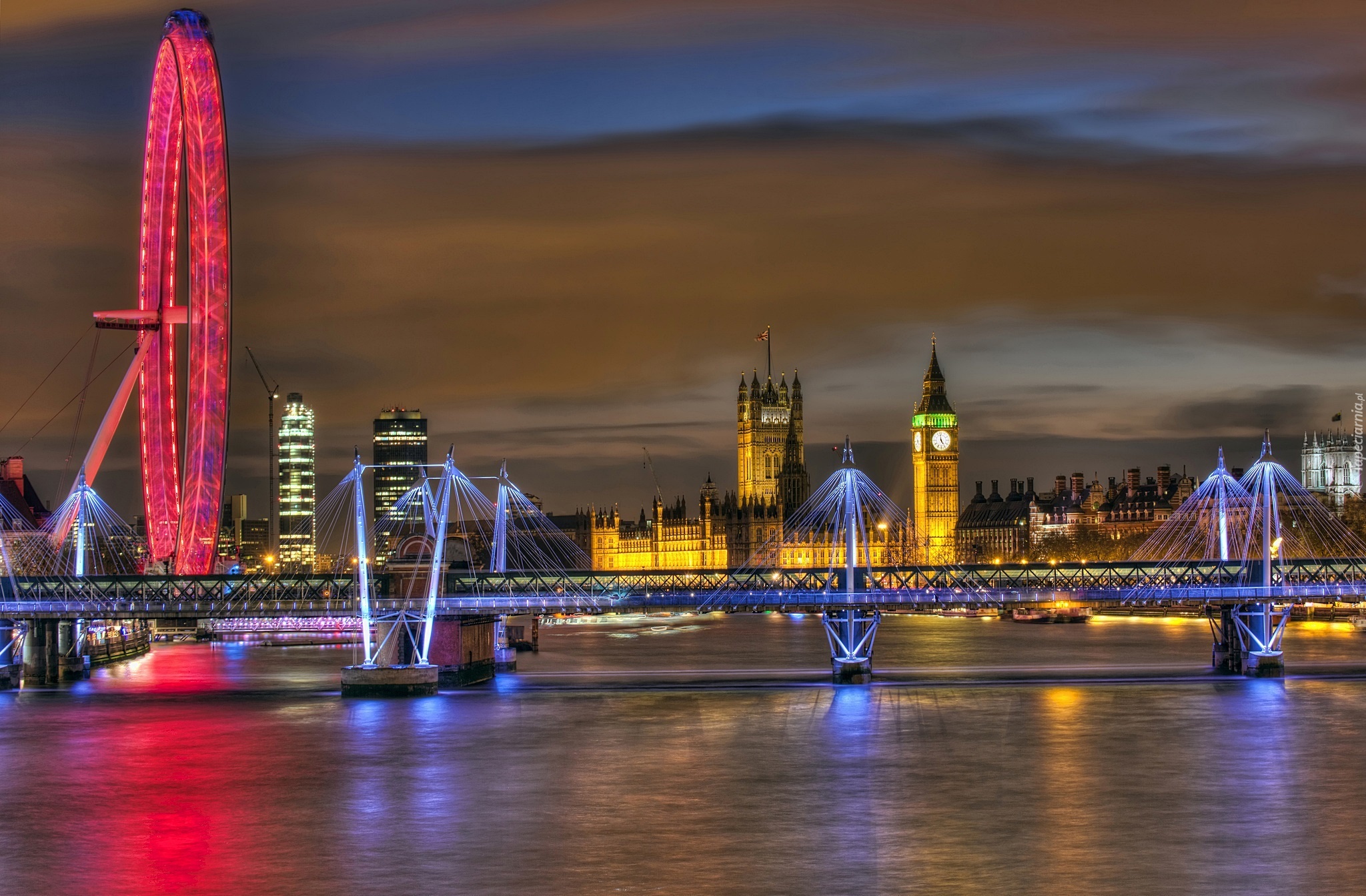 Pałac Westminster, Big Ben, London Eye, Most, Tamiza