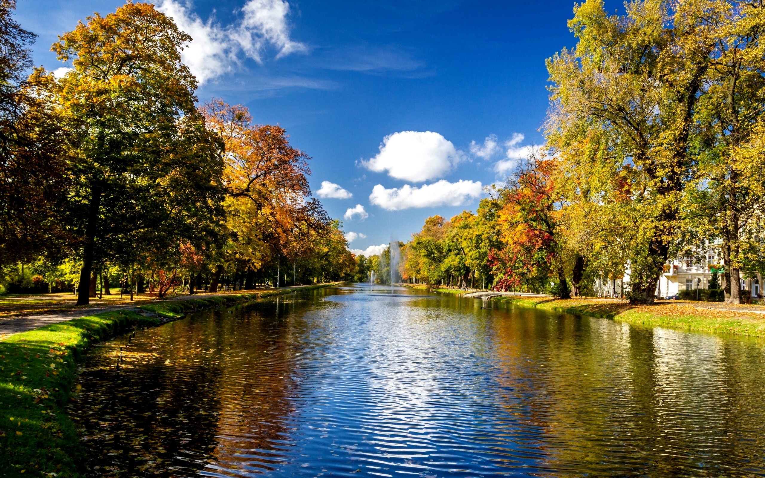 Park, Rzeka, Fontanny, Jesień