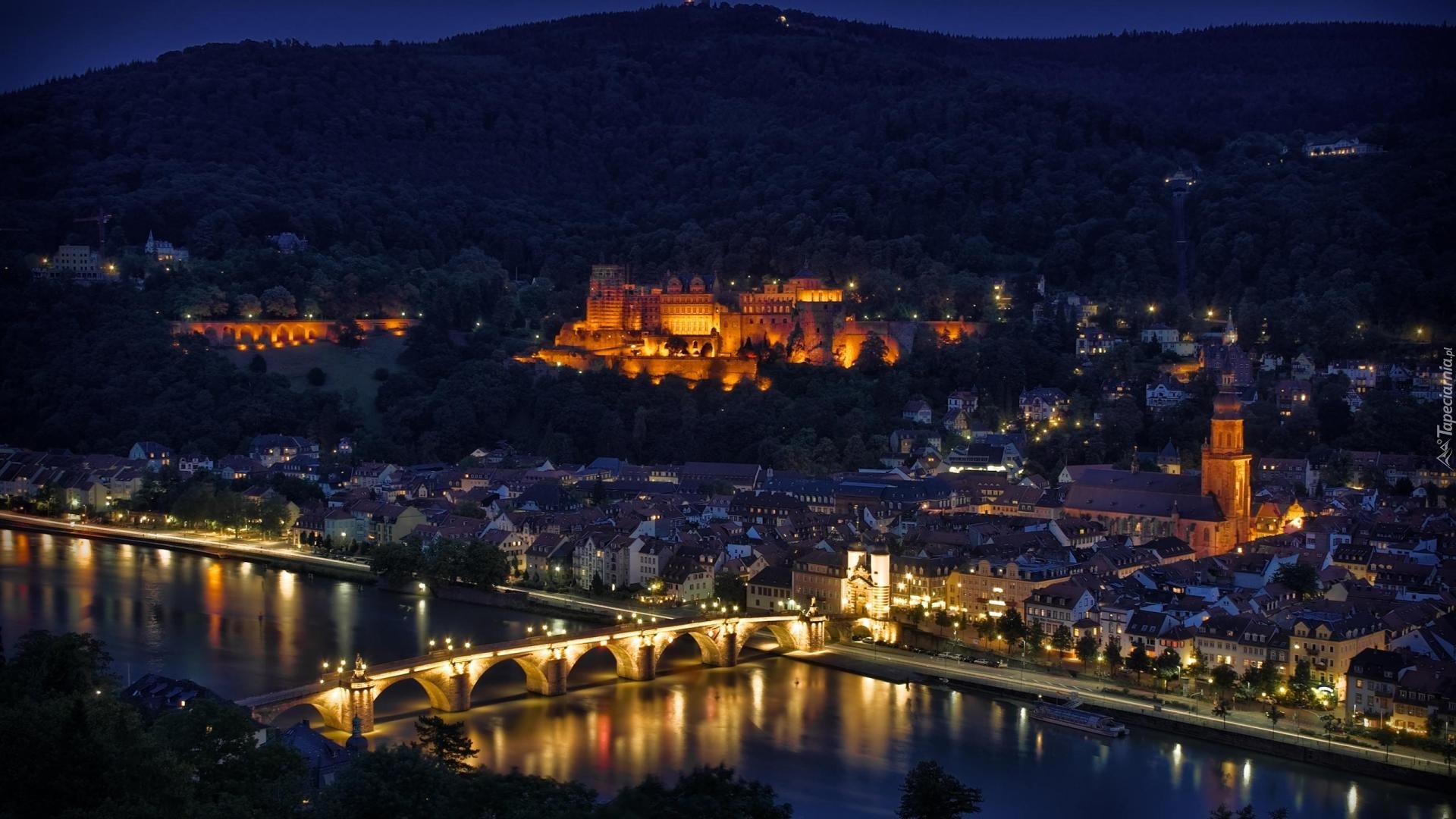 Panorama, Heidelberg, Niemcy, Noc