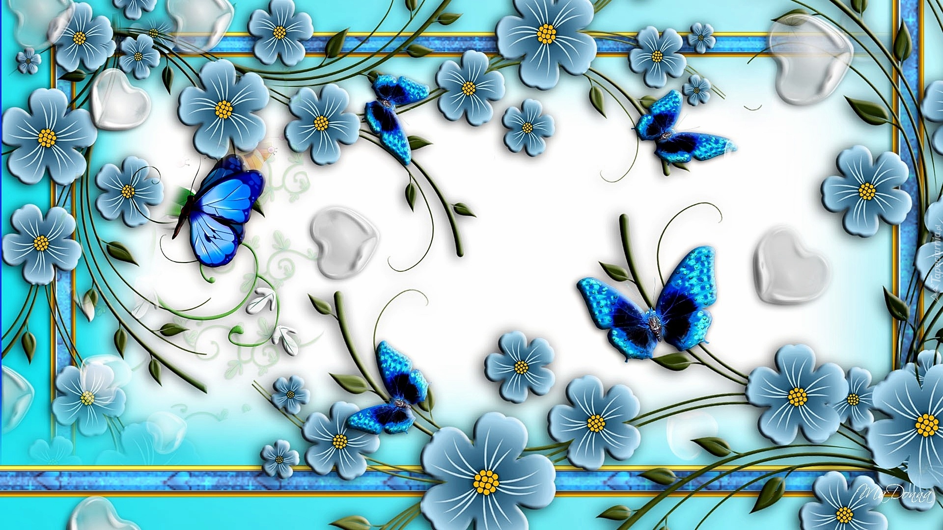Kwiaty, Motyle, Błękitna, Abstrakcja