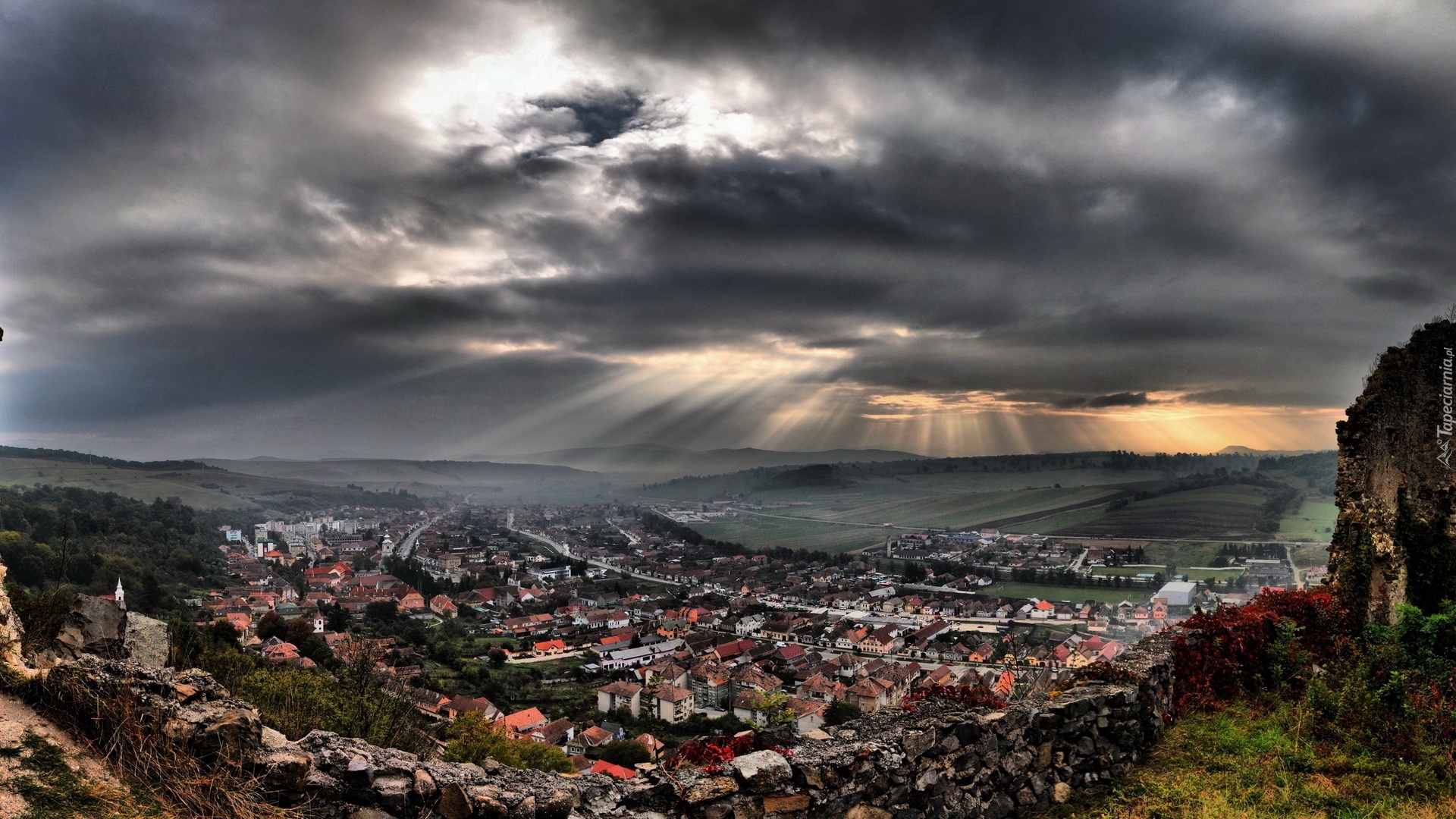 Miasto, Chmury, Przebijające, Światło