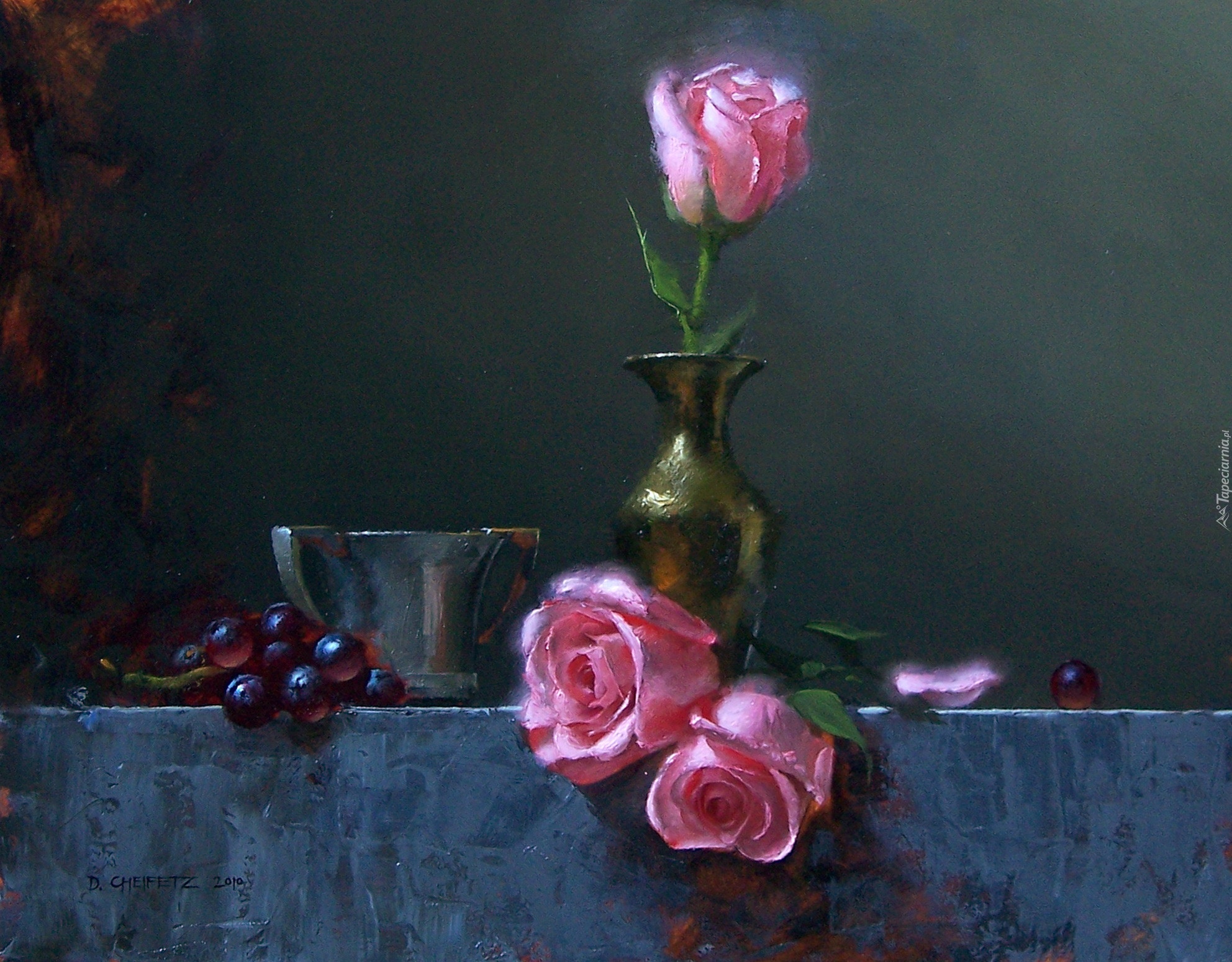 Obraz, Winogrona, Róże, Wazonik