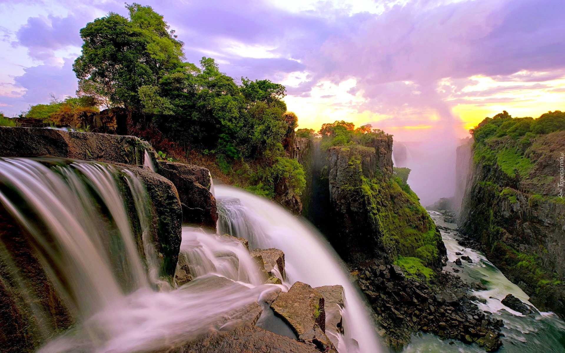 Wodospad, Skały, Drzewa, Victoria, Zambia