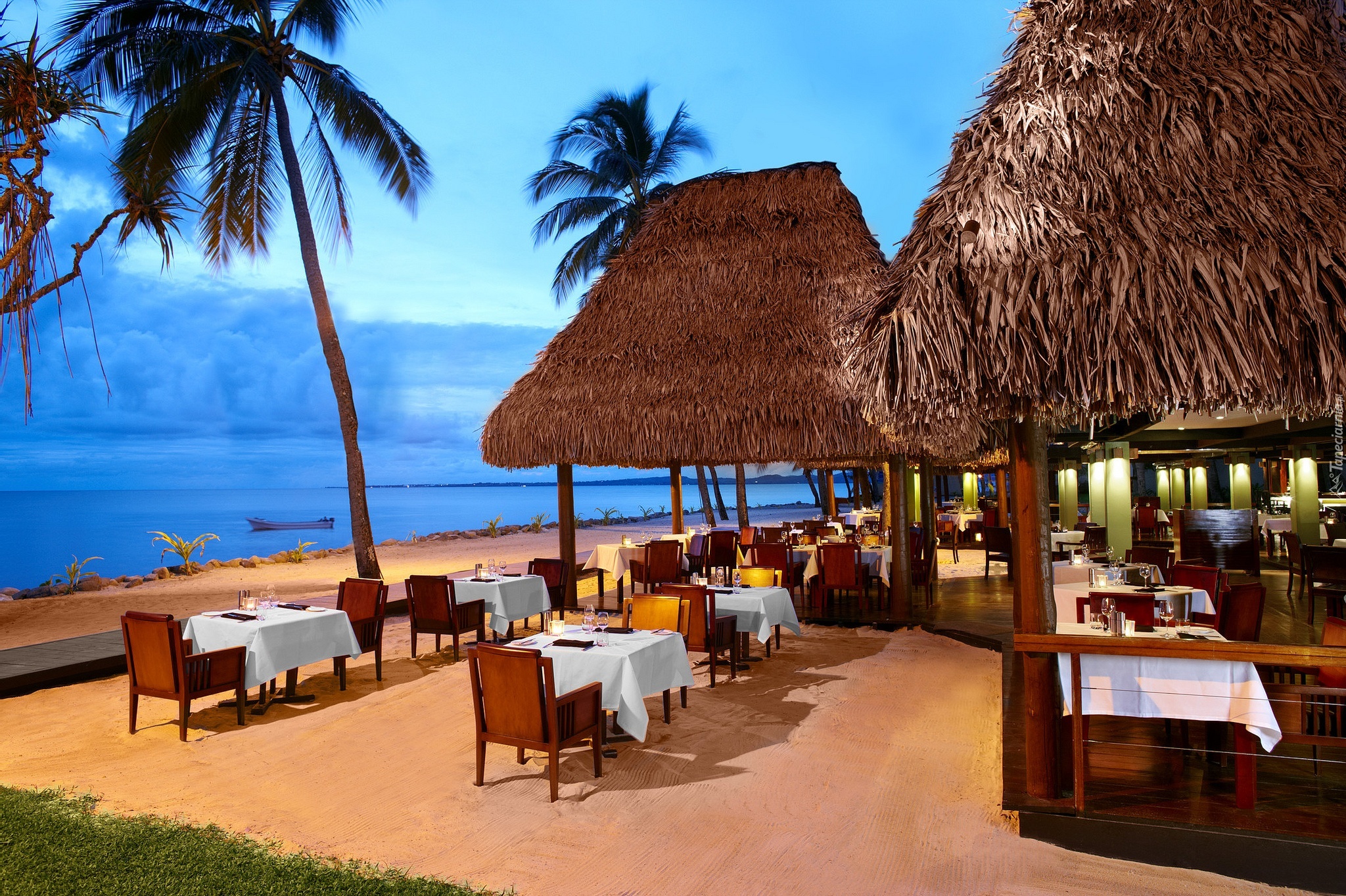 restauracja, Plaża, Ocean, Tropik