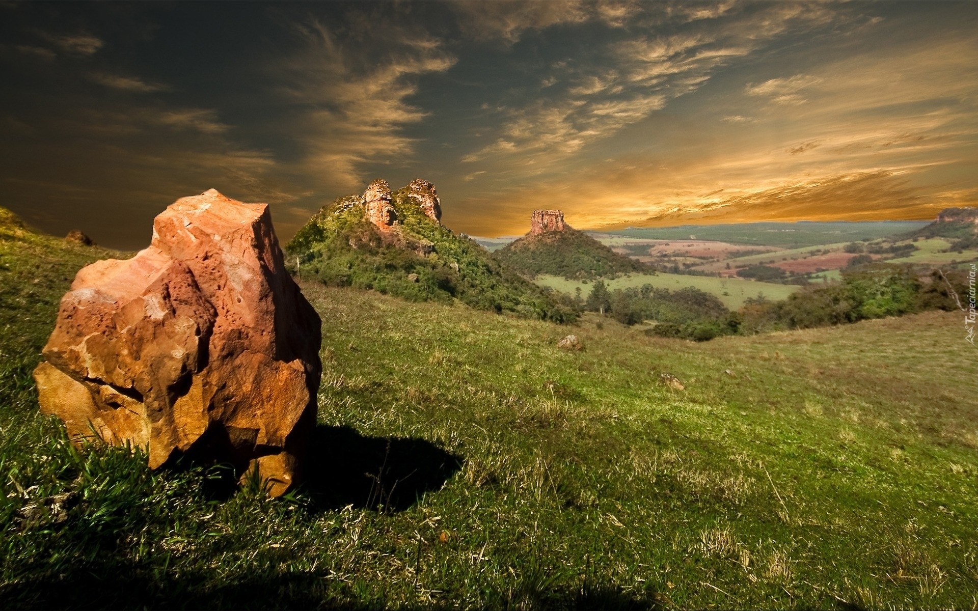 Góry, Skały, Lasy, Zachód, Słońca, Panorama