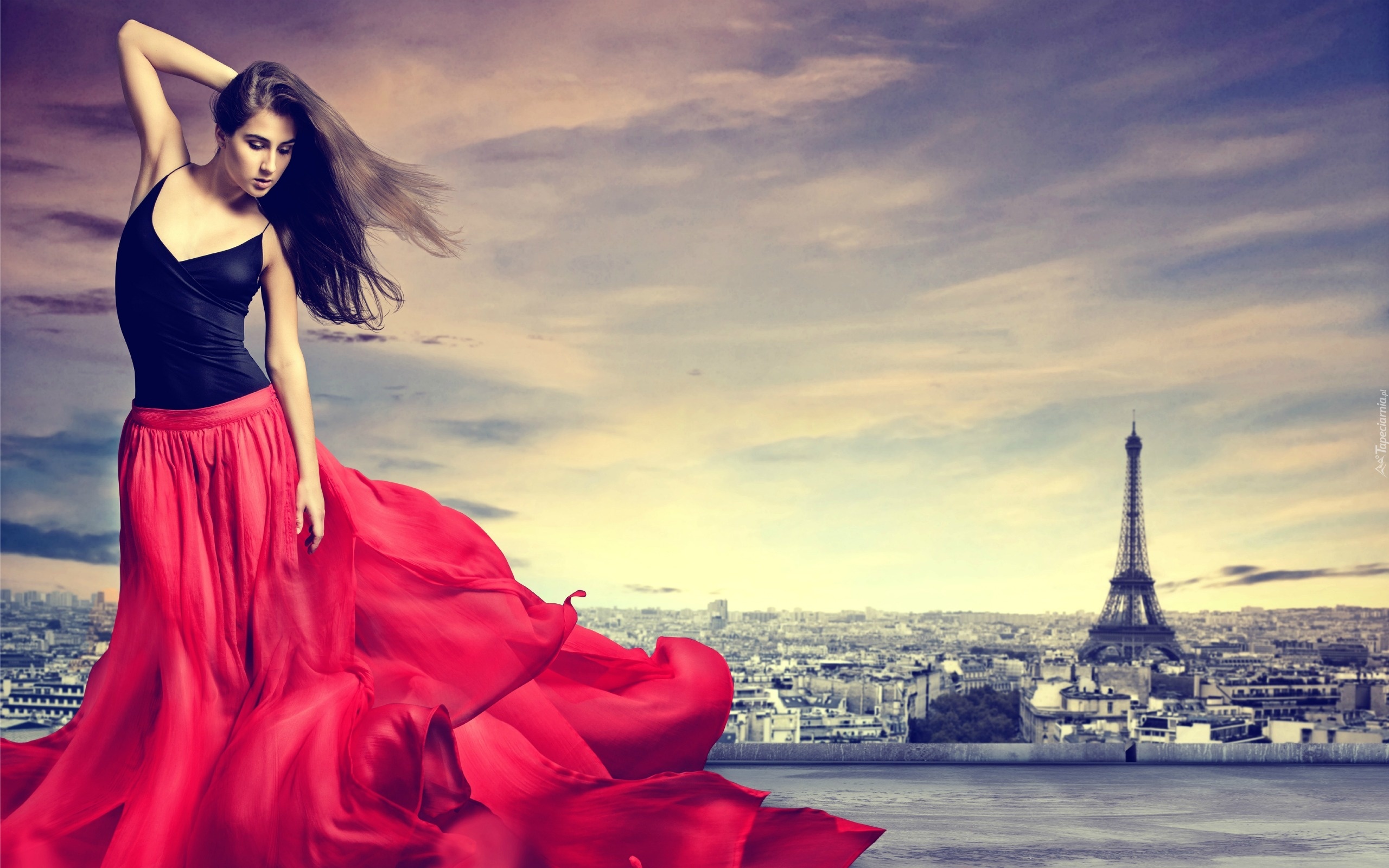 Kobieta, Wieża, Eiffla, Paryż, Panorama, Miasta