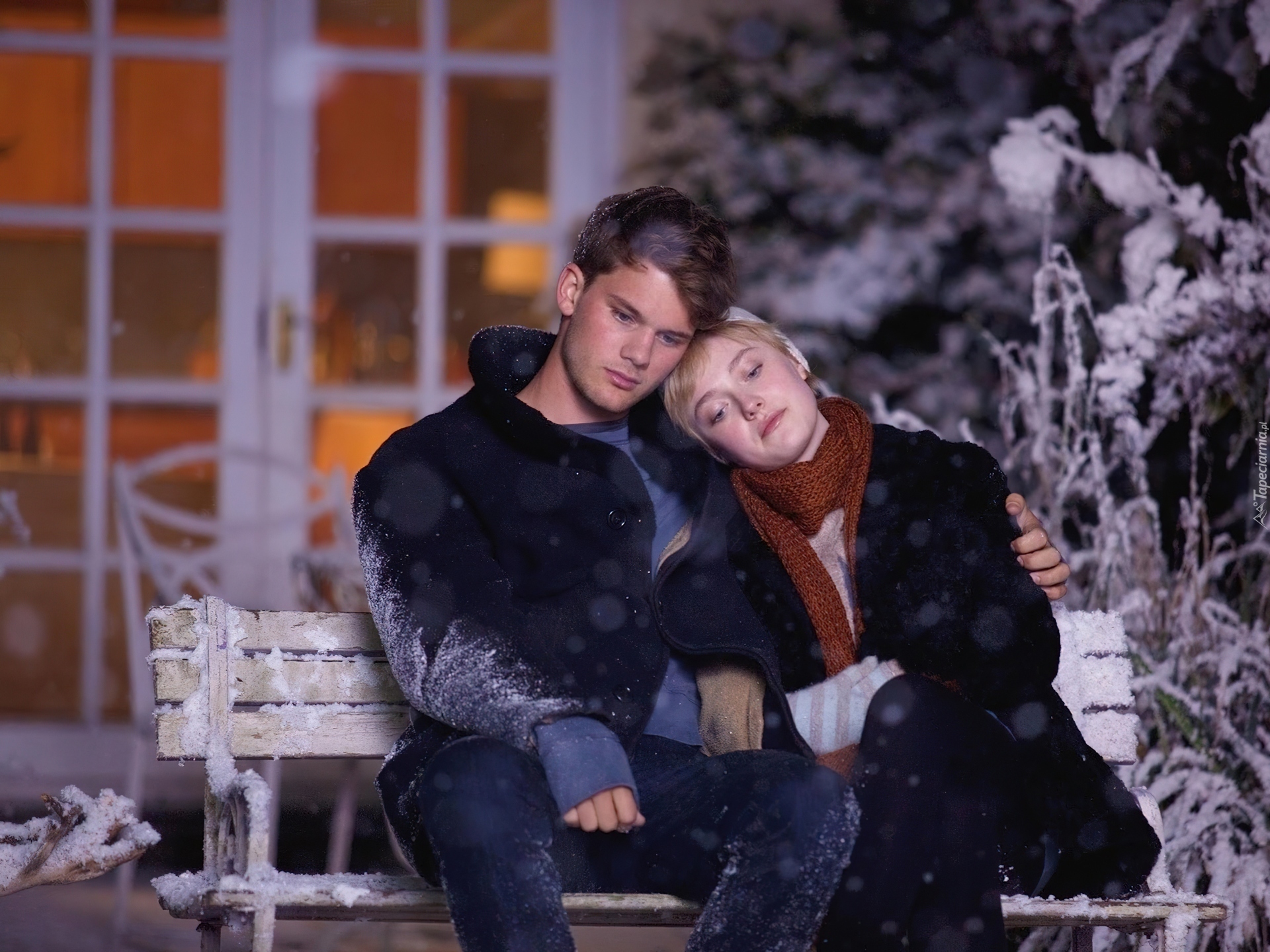 Film, Dakota Fanning, Aktor, Jeremy Irvine, Ławka, Śnieg