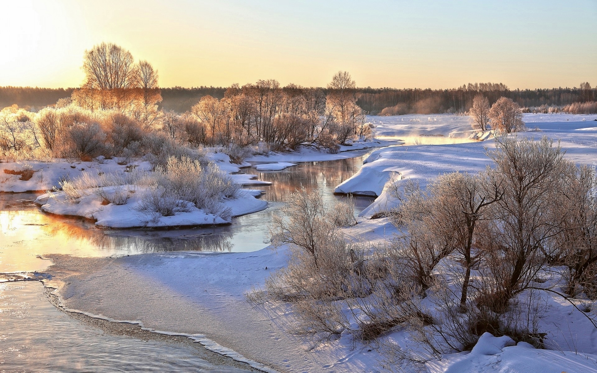 Rzeka, Śnieg, Drzewa