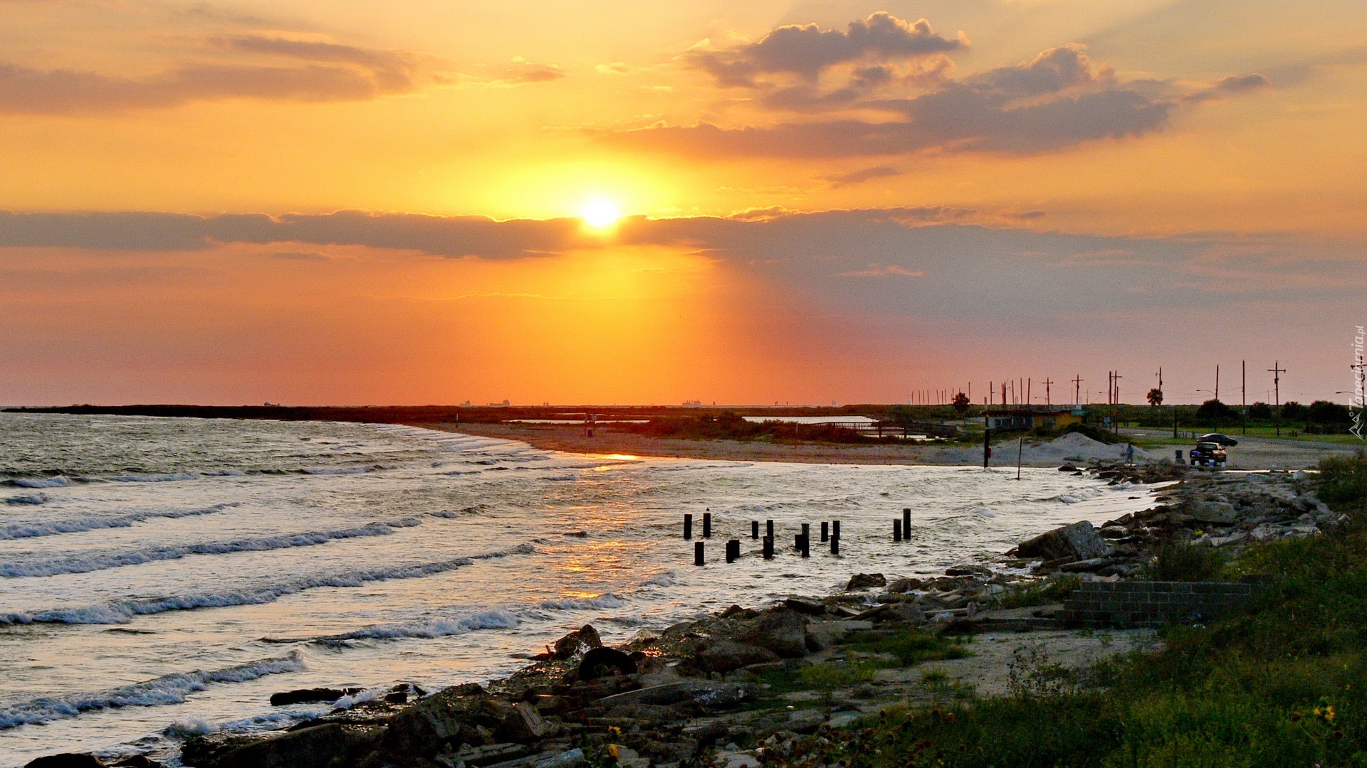 Morze, Plaża, Zachód słońca