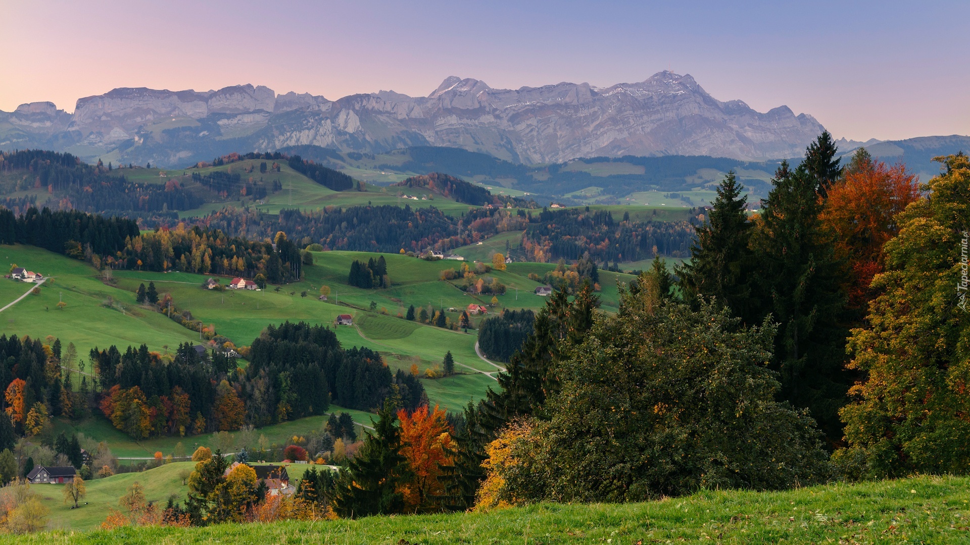 Góry, Lasy, Łąki, Domy, Jesień, Panorama