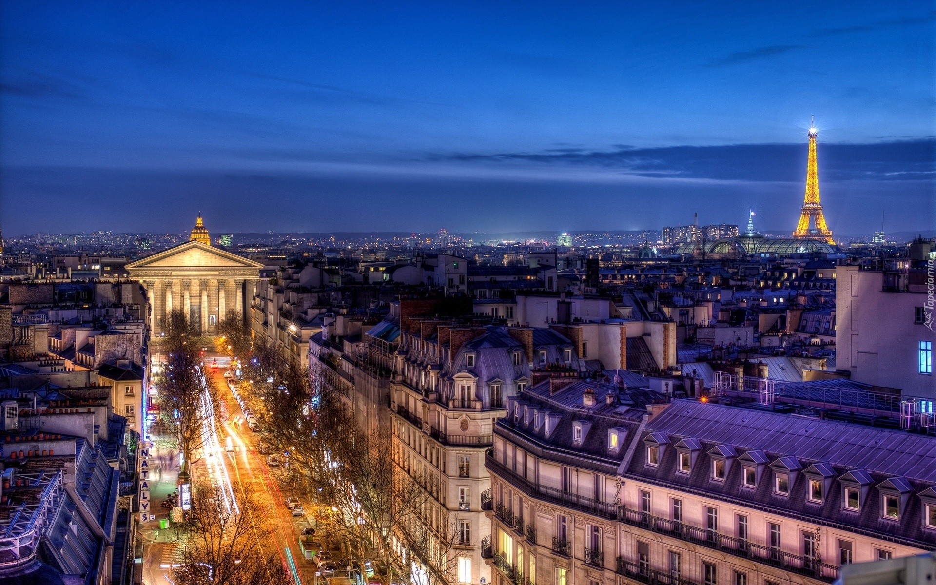 Paryż, Nocą, Wieża, Eiffla, Panorama