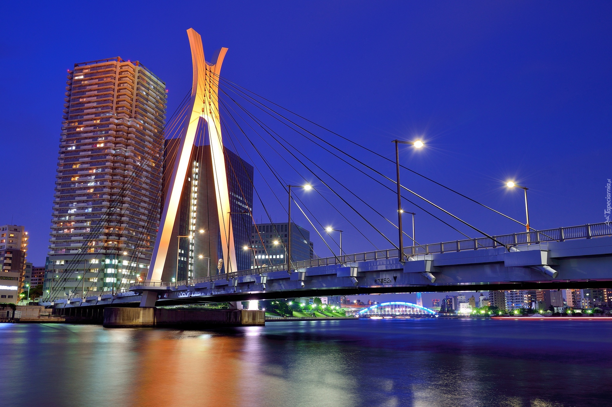 Tokio, Japonia, Rzeka, Most, Wieżowce, Zmrok