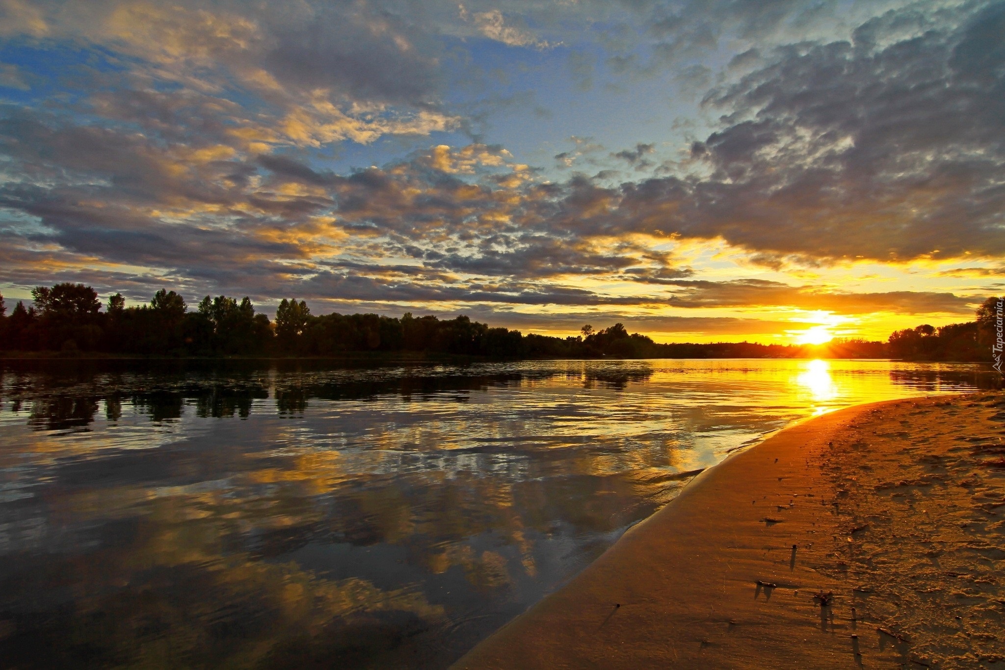 Zachód, Słońca, Rzeka, Plaża