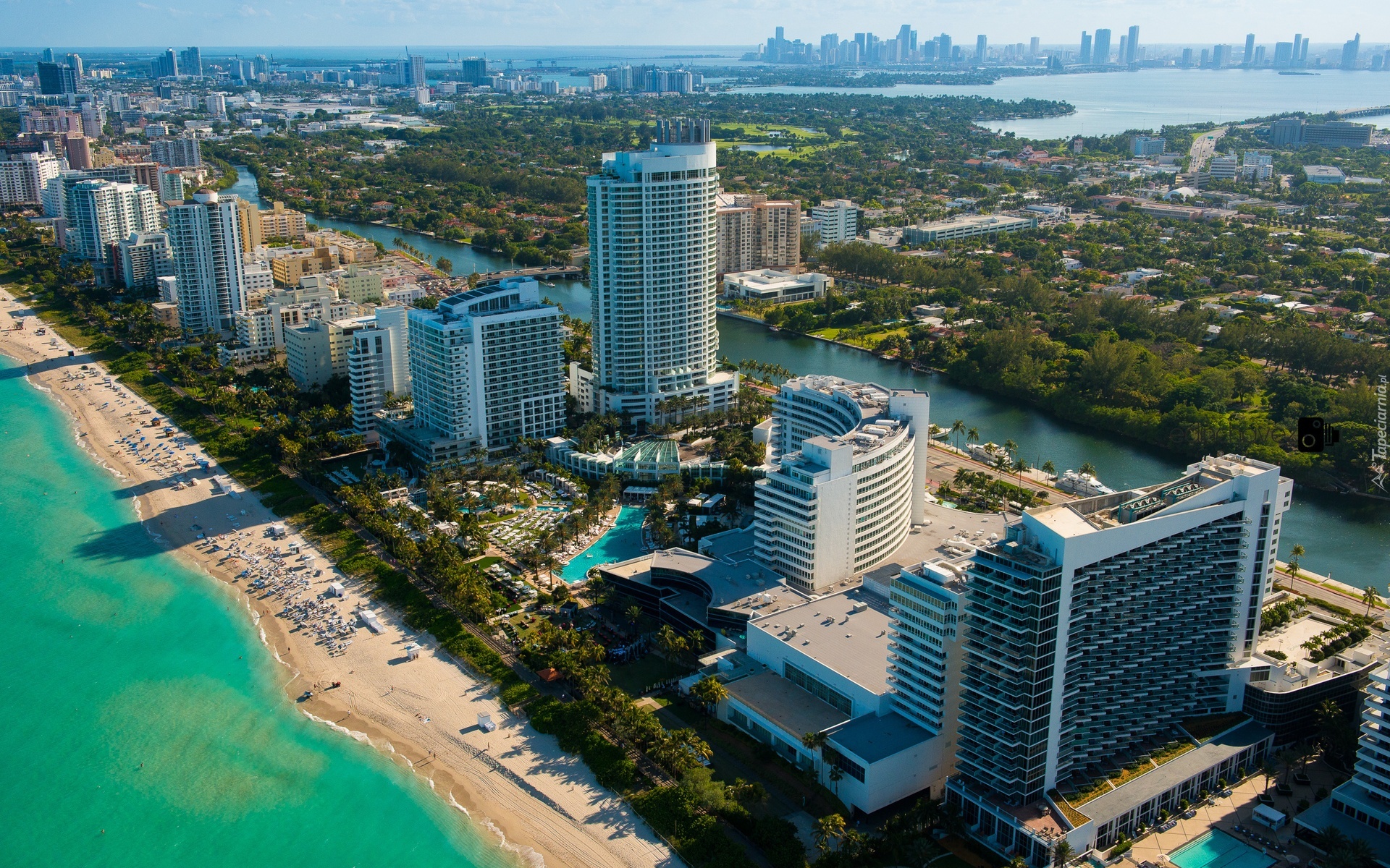Wieżowce, Plaża, Ocean, Miami, Floryda