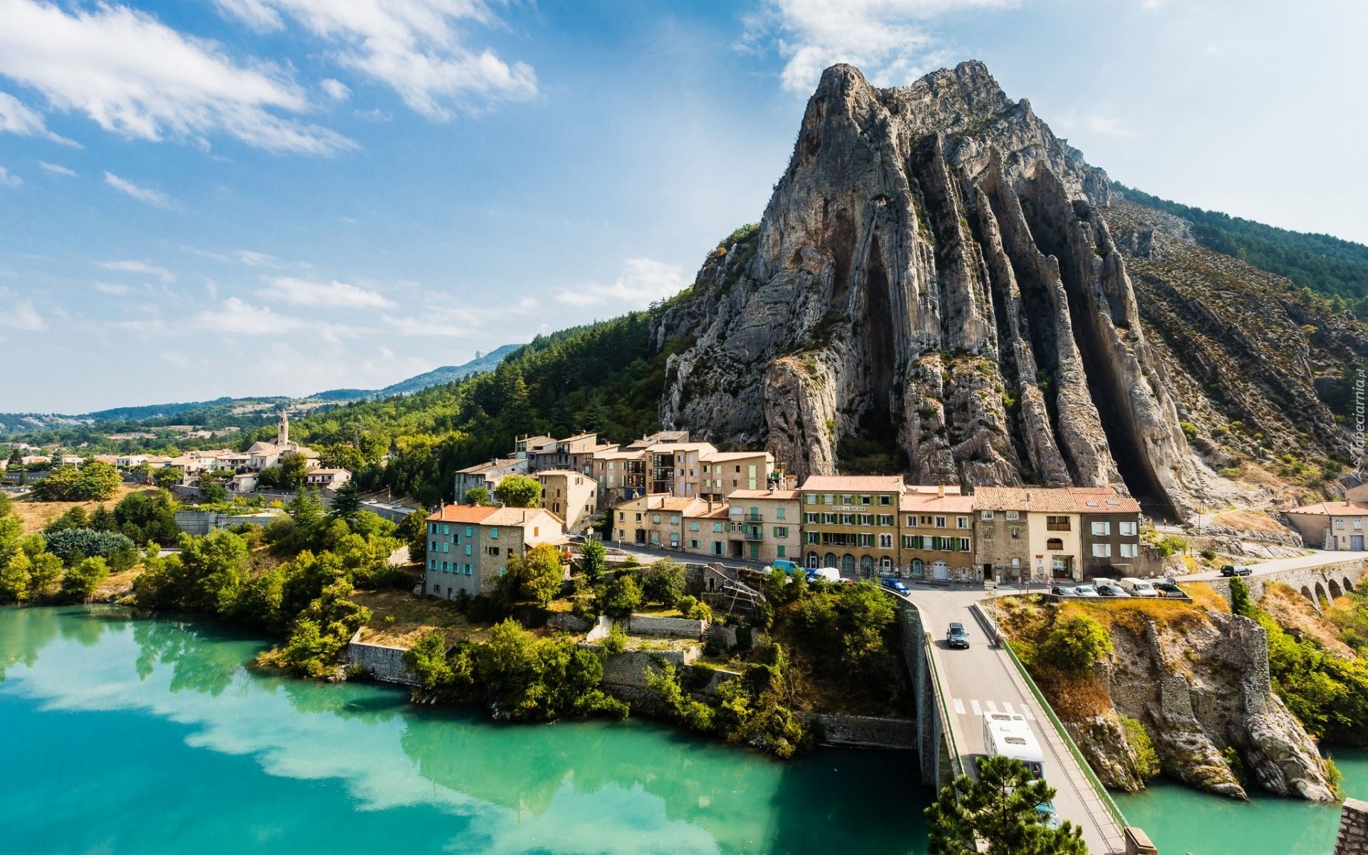 Sisteron, Francja, Góra, Domy, Most, Rzeka