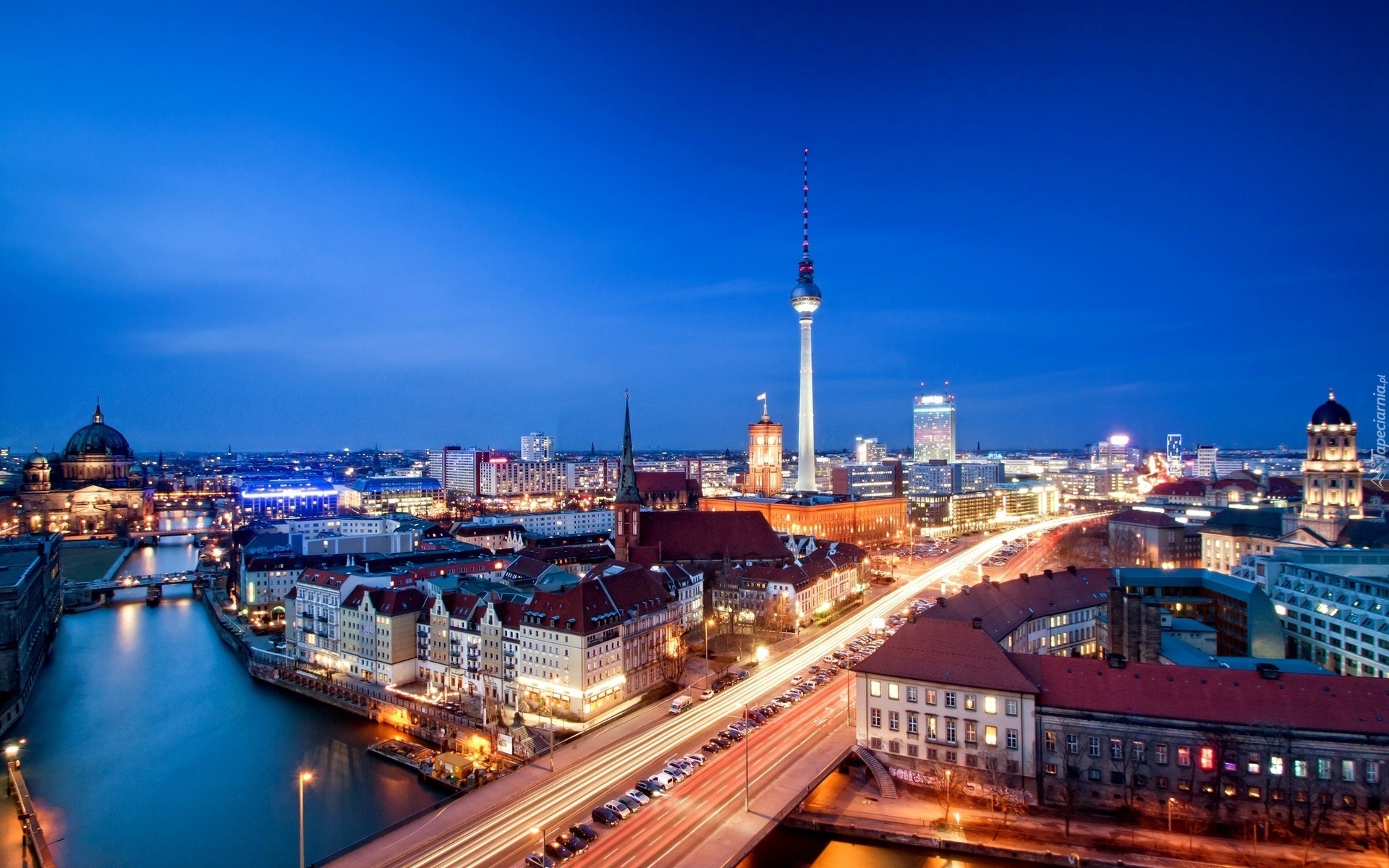 Rzeka, Mosty, Wieża, Kościoły, Domy, Berlin, Niemcy