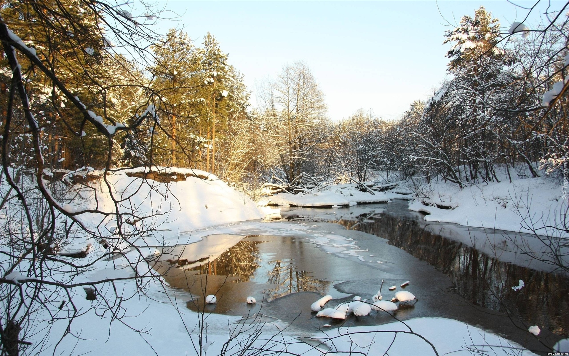 Rzeka, Śnieg, Drzewa