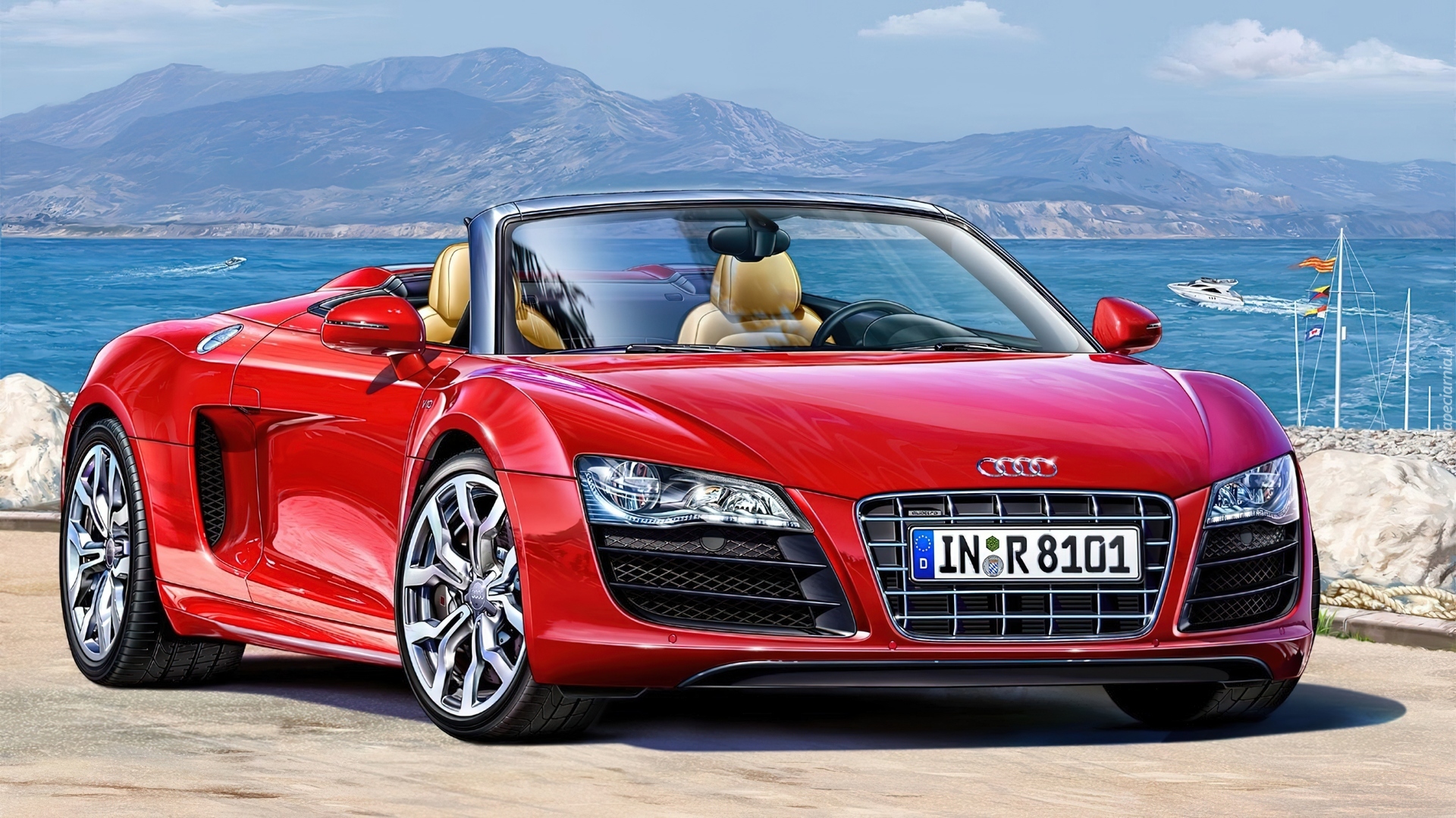 Czerwone, Audi R8, Cabrio, Góry, Woda