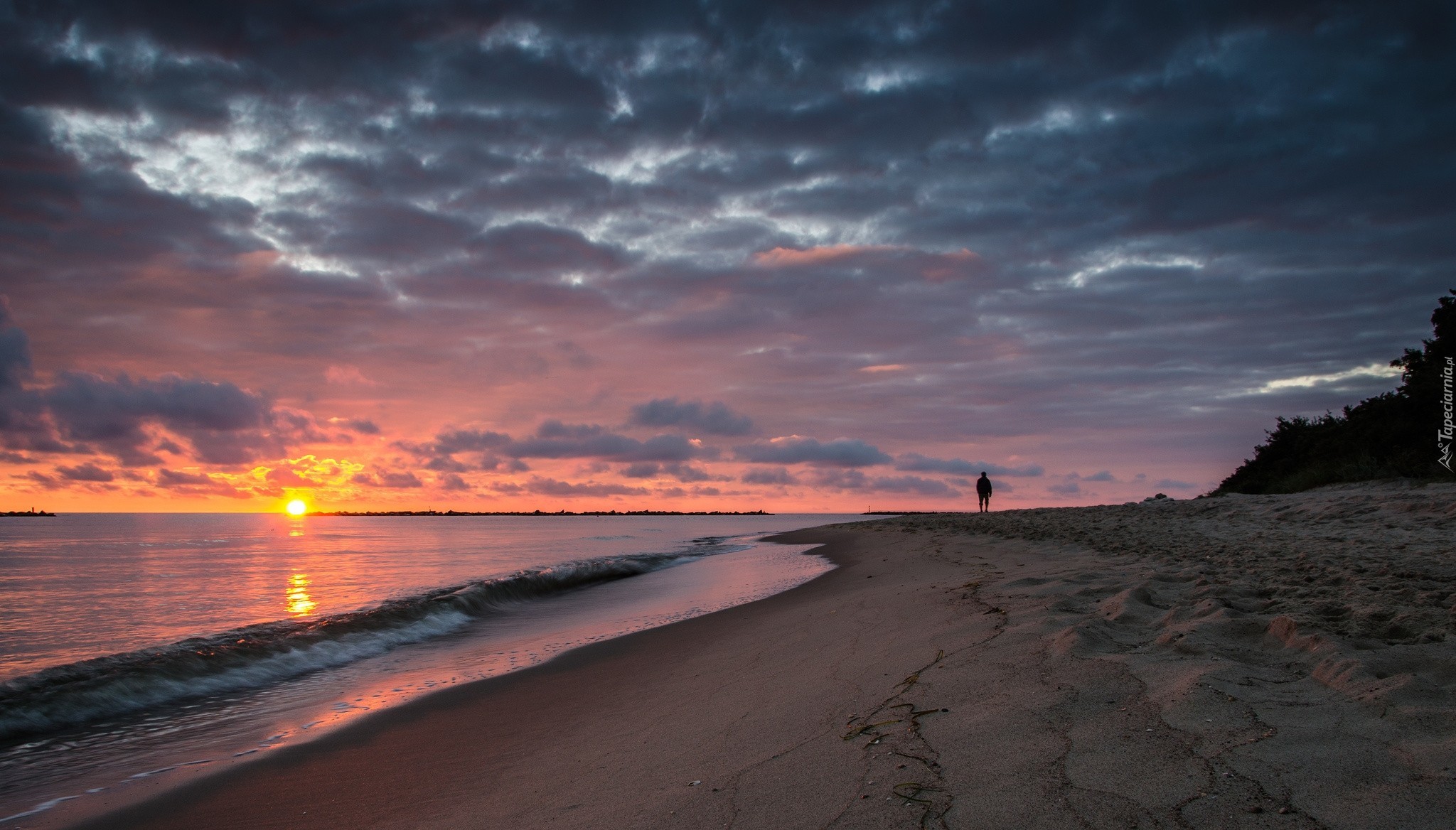 Morze, Plaża, Chmury, Zachód, Słońca