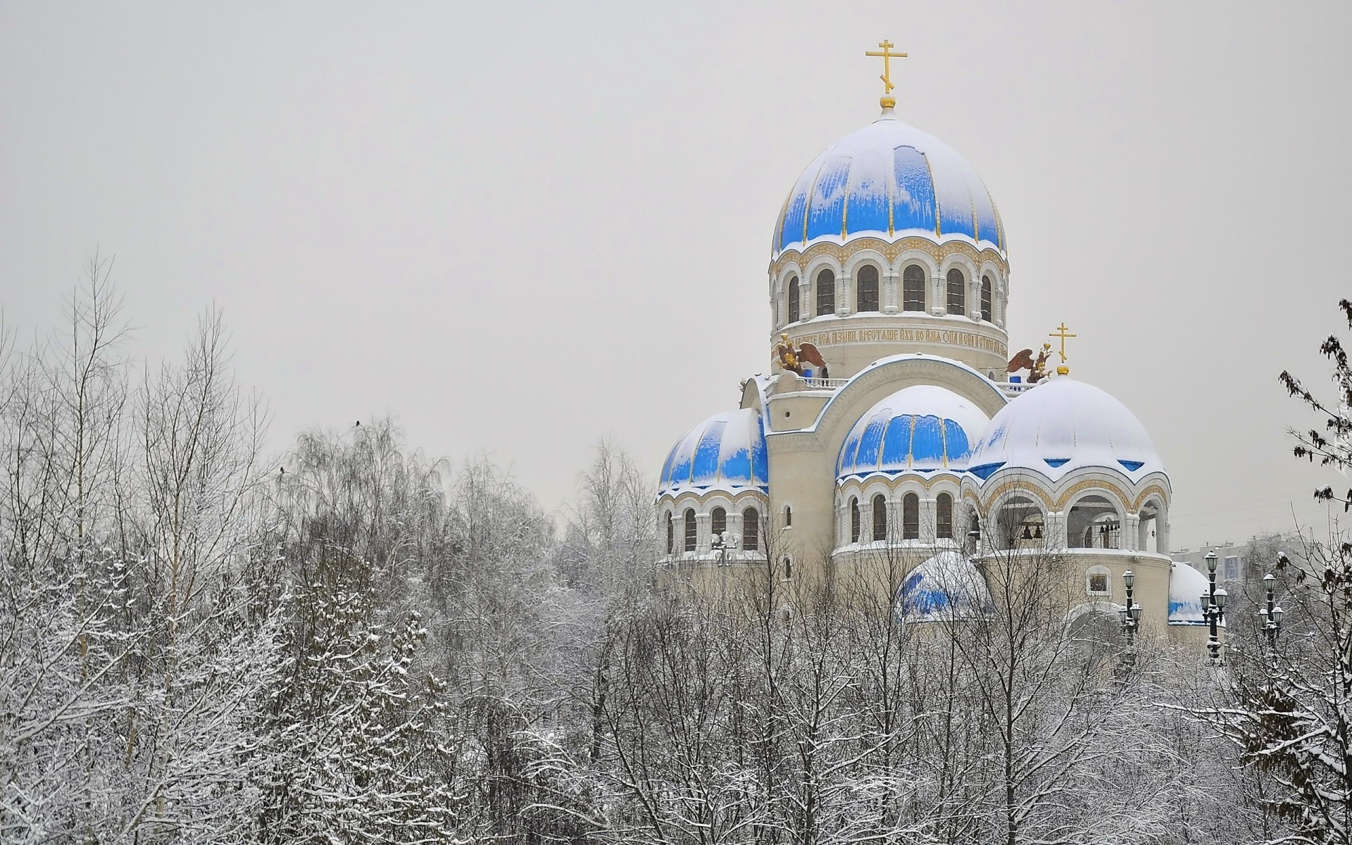 Cerkiew, Kopuły, Zima, Śnieg, Drzewa