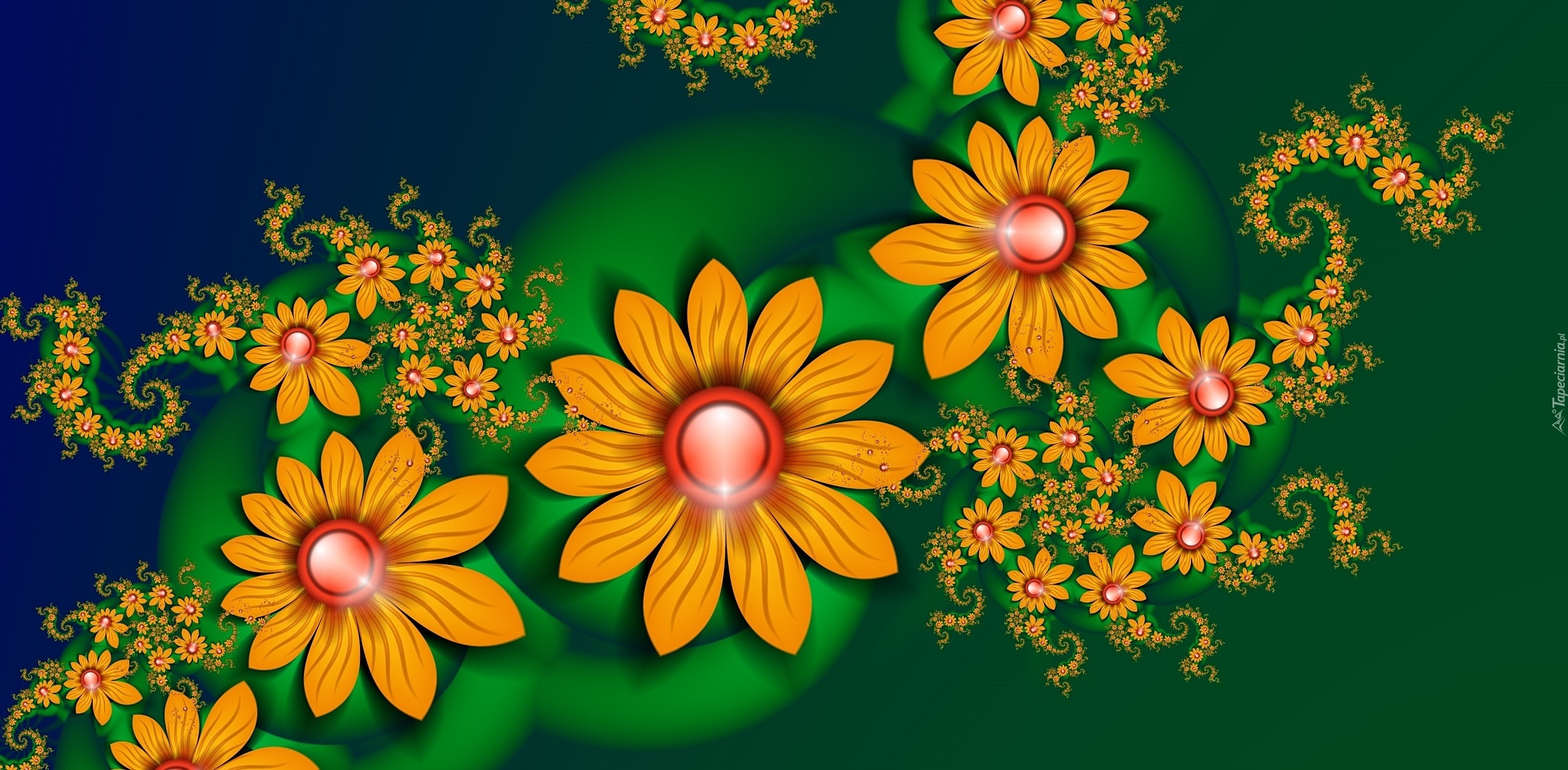 Pomarańczowe, Kwiaty, Zielone, Tło, Grafika, 3D