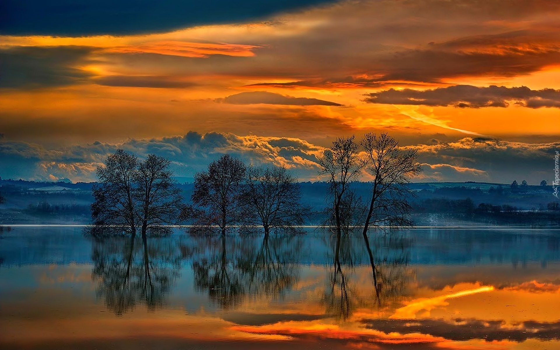 Jezioro, Odbicie, Zachód słońca