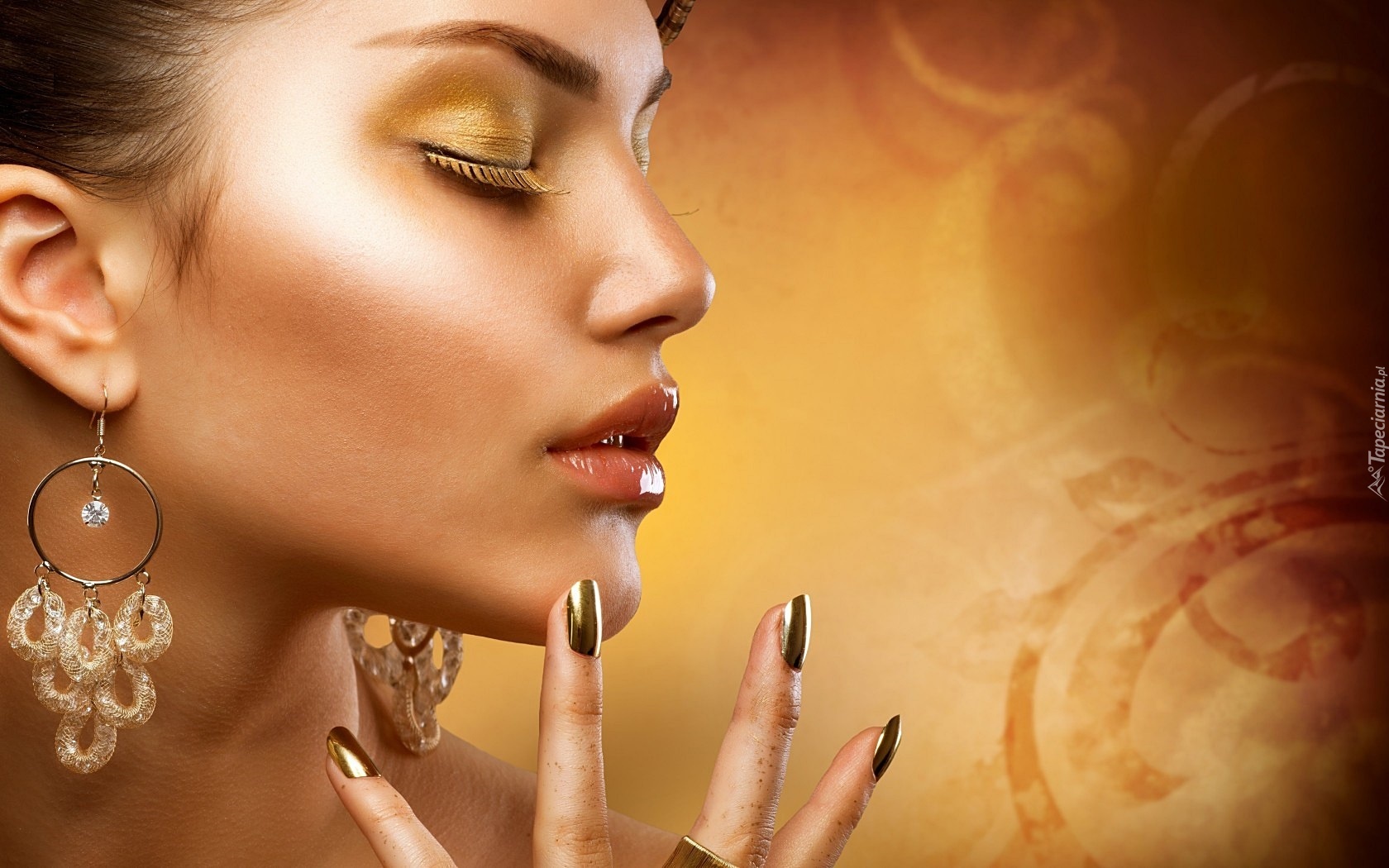 Kobieta, Profil, Złoty, Makijaż, Biżuteria