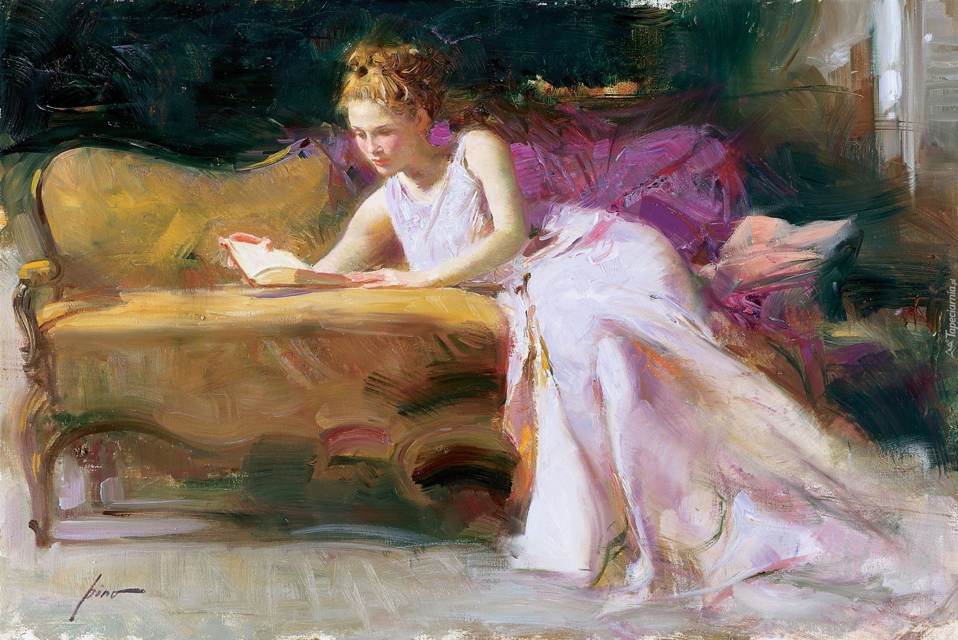 Obraz, Pino Daeni, Kobieta, Sofa, Książka