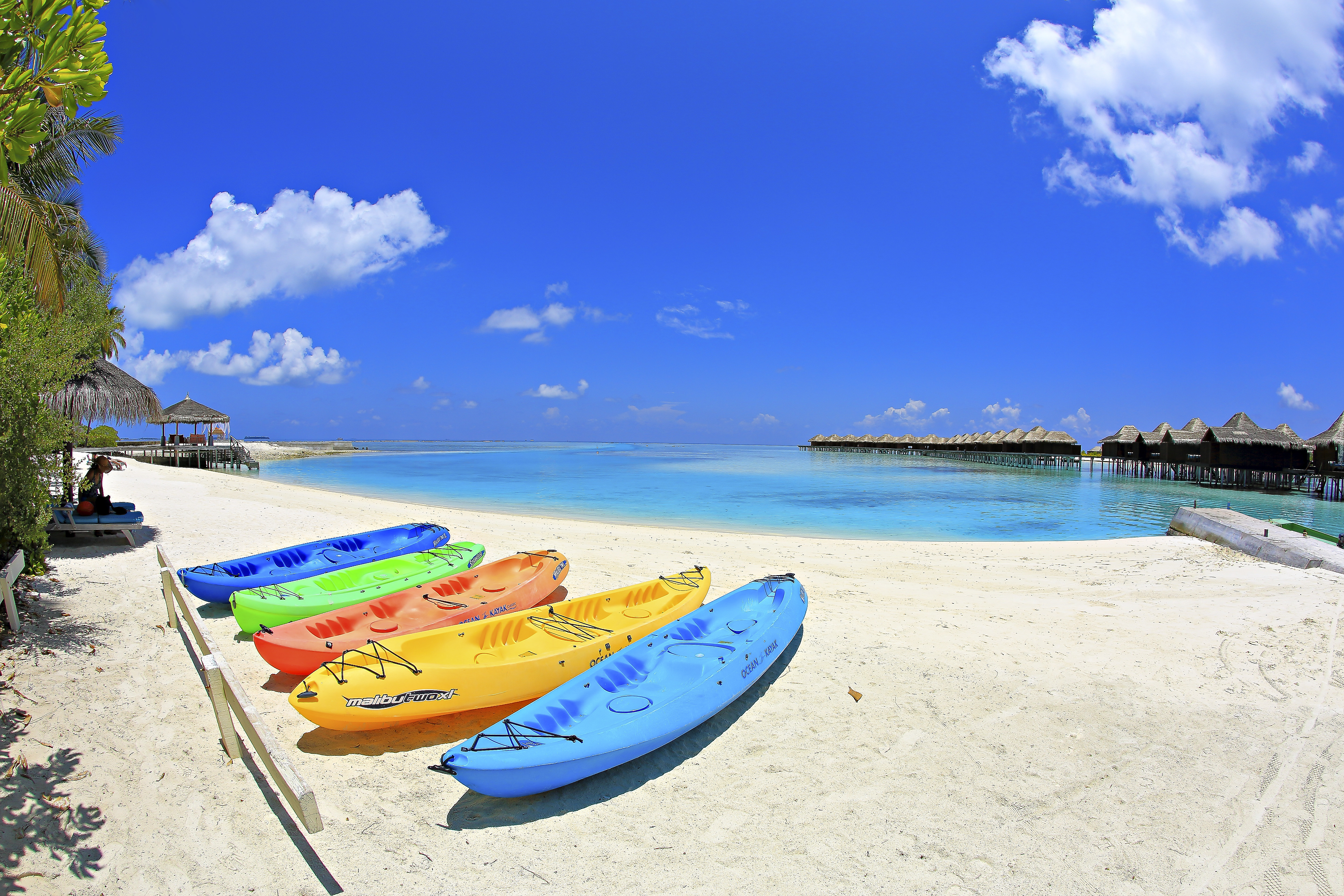 Ocean, Łódki, Plaża, Malediwy