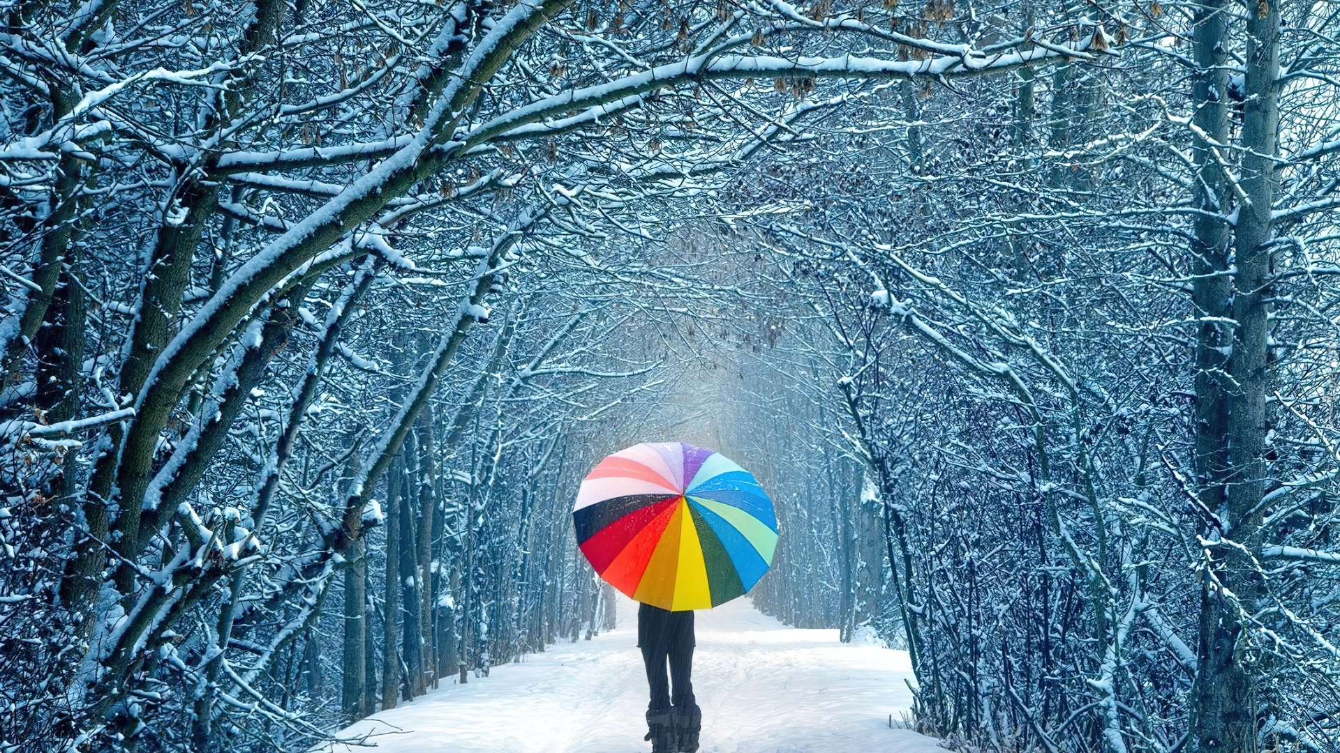 Droga, Śnieg, Dziewczyna, Parasol